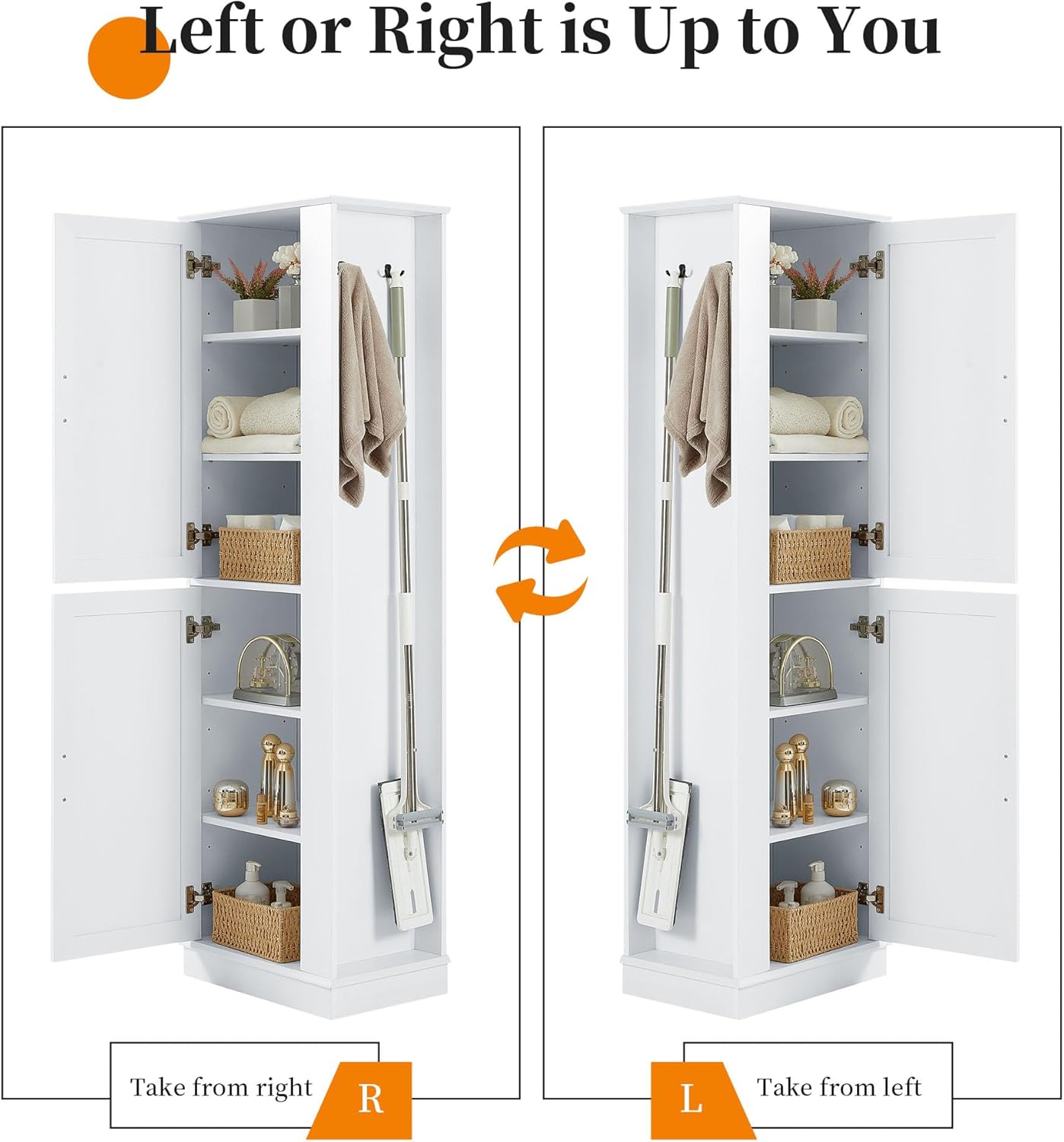 Bathroom Storage Cabinet with Hooks and Mop Holder, Two Doors, Adjustable Shelf, Left or Right Orientation Available, White