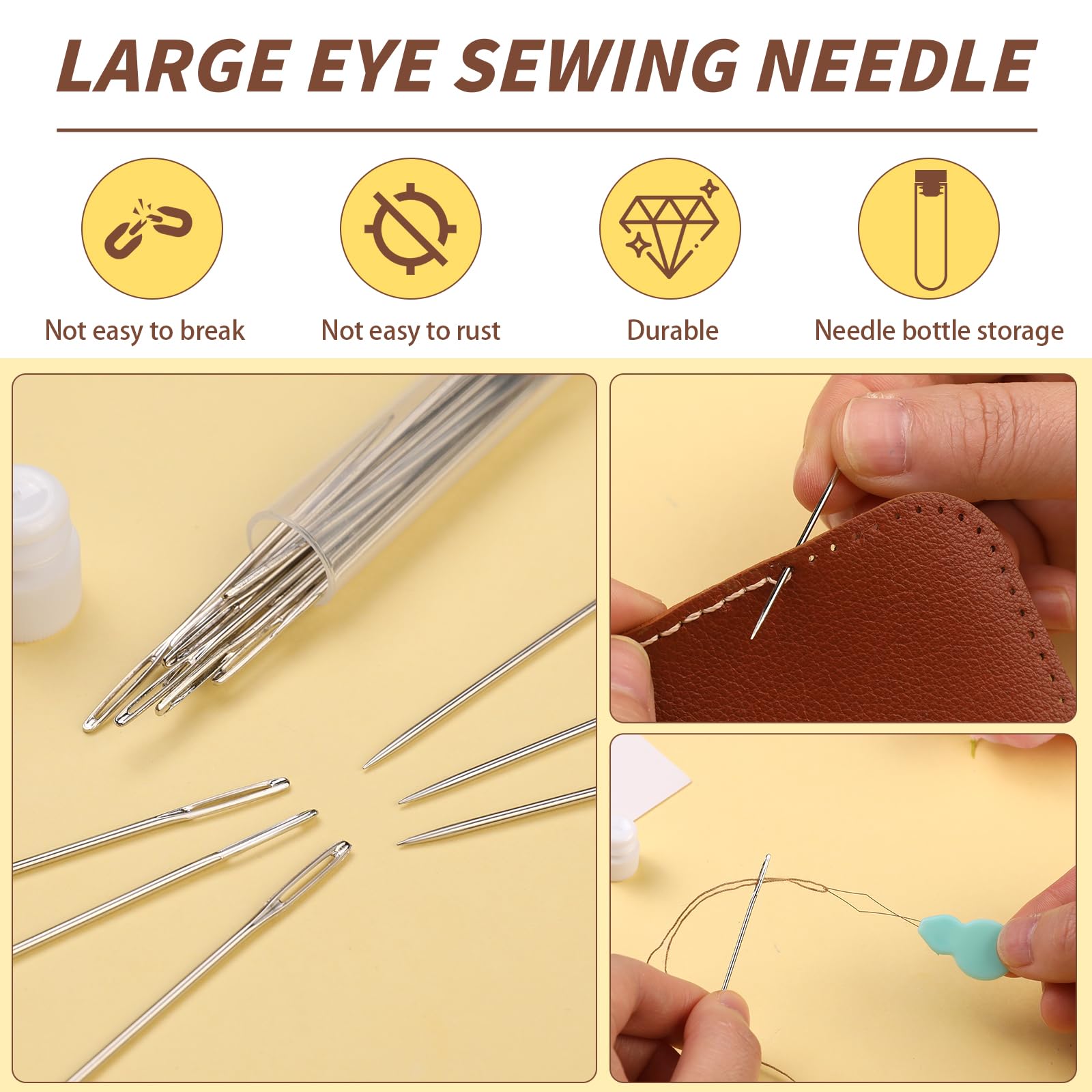 24 agujas de coser de ojo grande, agujas de coser de 3 tamaños, hilo de bordado de cuero, aguja afilada, aguja de tejer de hilo de acero inoxidable para coser a mano, manualidades, reparación