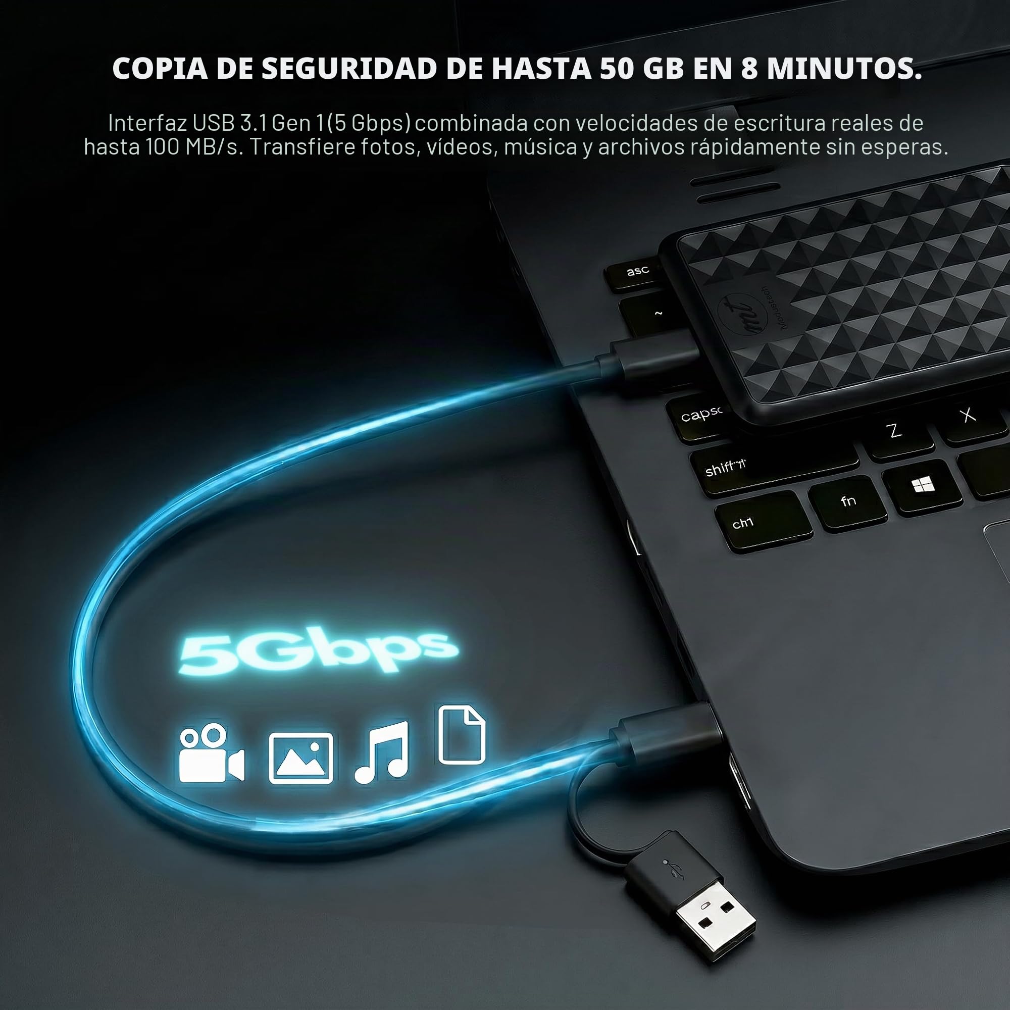 ModusTech Facet 1TB Disco Duro Externo Portátil USB-C/USB 3.1 — HDD Fino de 2,5 Pulgadas para Copias de Seguridad, Gaming, PC, Mac, Portátil, PS4, Xbox, Smart TV (Negro)