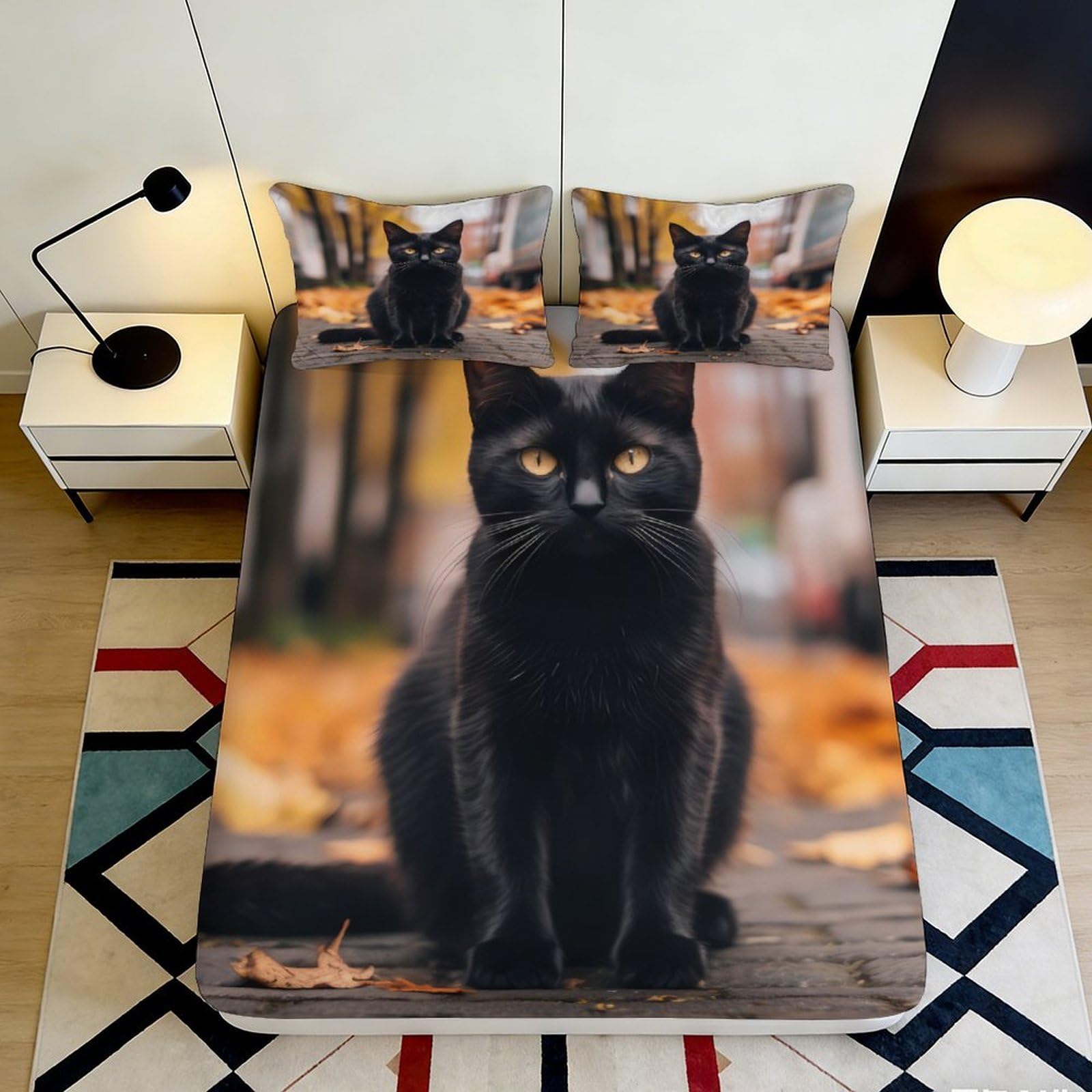 Jqzkxnhpbr Style-3 3D Printed Autumn Black Cat Fitted Sheet Microfiber Soft Bedroom Decor Halloween Bed Cover For Adult Teen 90X200x25cm
