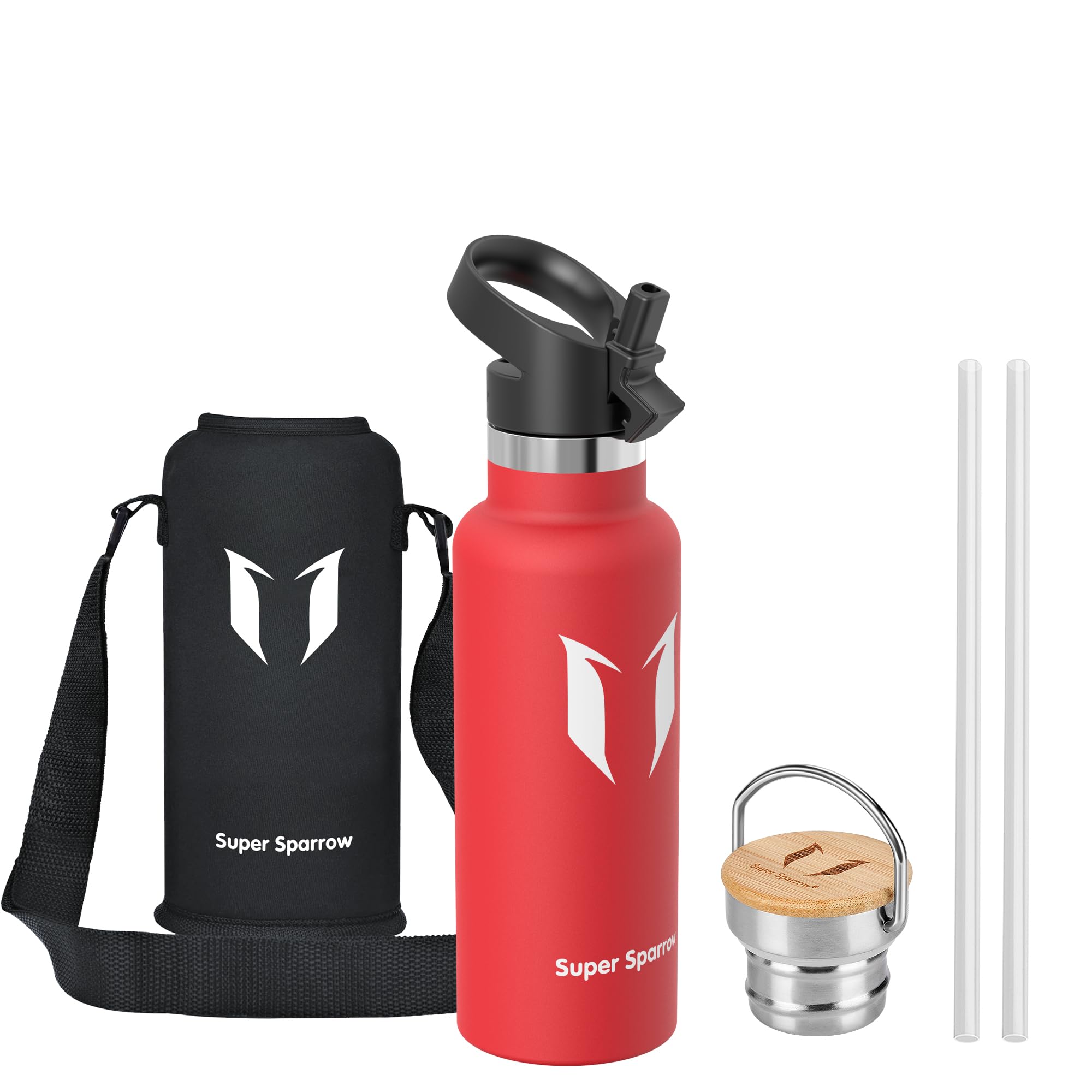 Super Sparrow Stainless Steel Water Bottle Kids - 500ml - Insulated Metal Water Bottles - Standard Mouth Flask - BPA Free - Straw Bottle for Work, Gym, Sports - 2 Lids