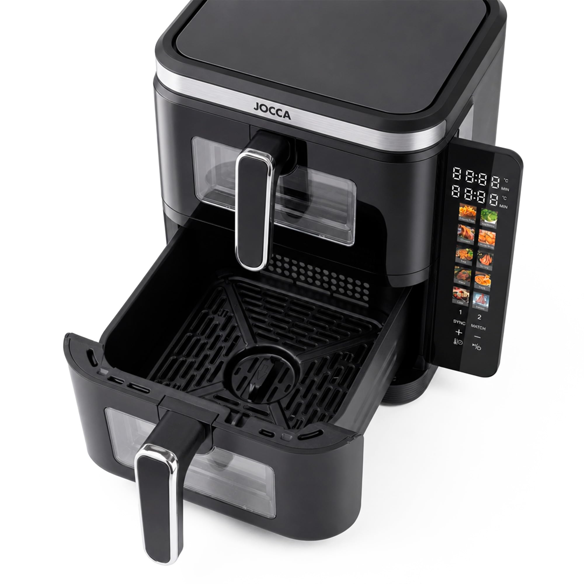 JOCCA - Podwójna cyfrowa frytkownica powietrzna 11L (5,5 l + 5,5 l) | Airfryer pionowy z 2 komorami z okienkami, 10 funkcji, kolorowy ekran dotykowy LED, 60-200 °C, nieprzywierająca i łatwa do