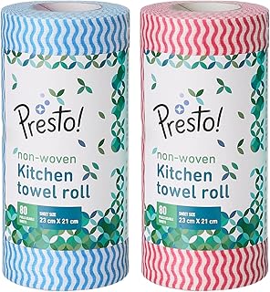 Amazon Brand - Presto! Non-Woven Kitchen Towel Roll | 80 Pulls (Pack of 2) | Size: 23 x 21 cm | Wavy Pattern (Red & Blue) | Washable and Reusable | Highly Absorbent | For Daily Use