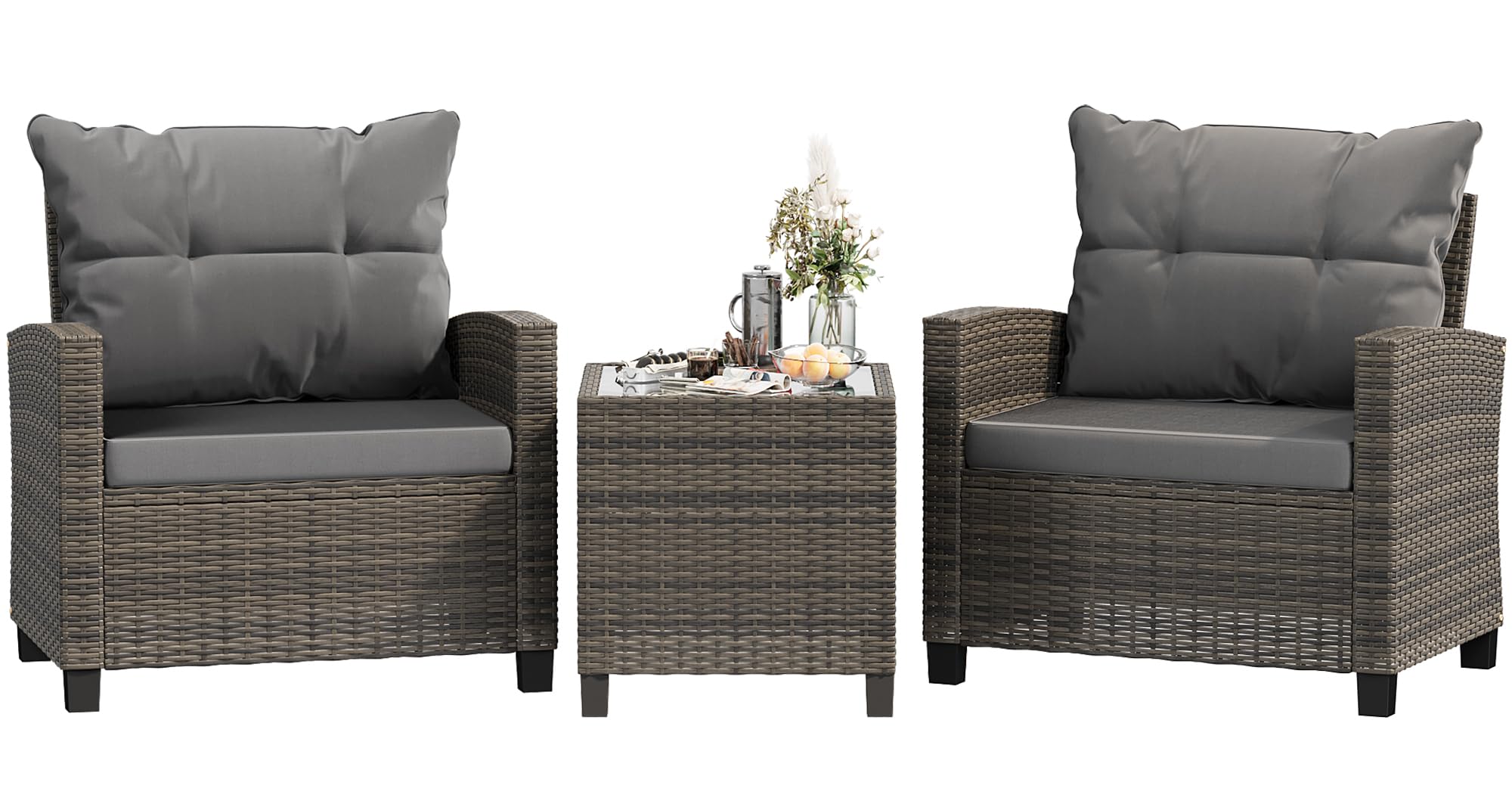 Shintenchi 3 Pieces Patio Furniture Set 3 Pieces PE Rattan Wicker Chairs with Table Outdoor Furniture for Backyard/Garden/Poolside/Outdoor Restaurant Gary Rattan with Gary Cushion