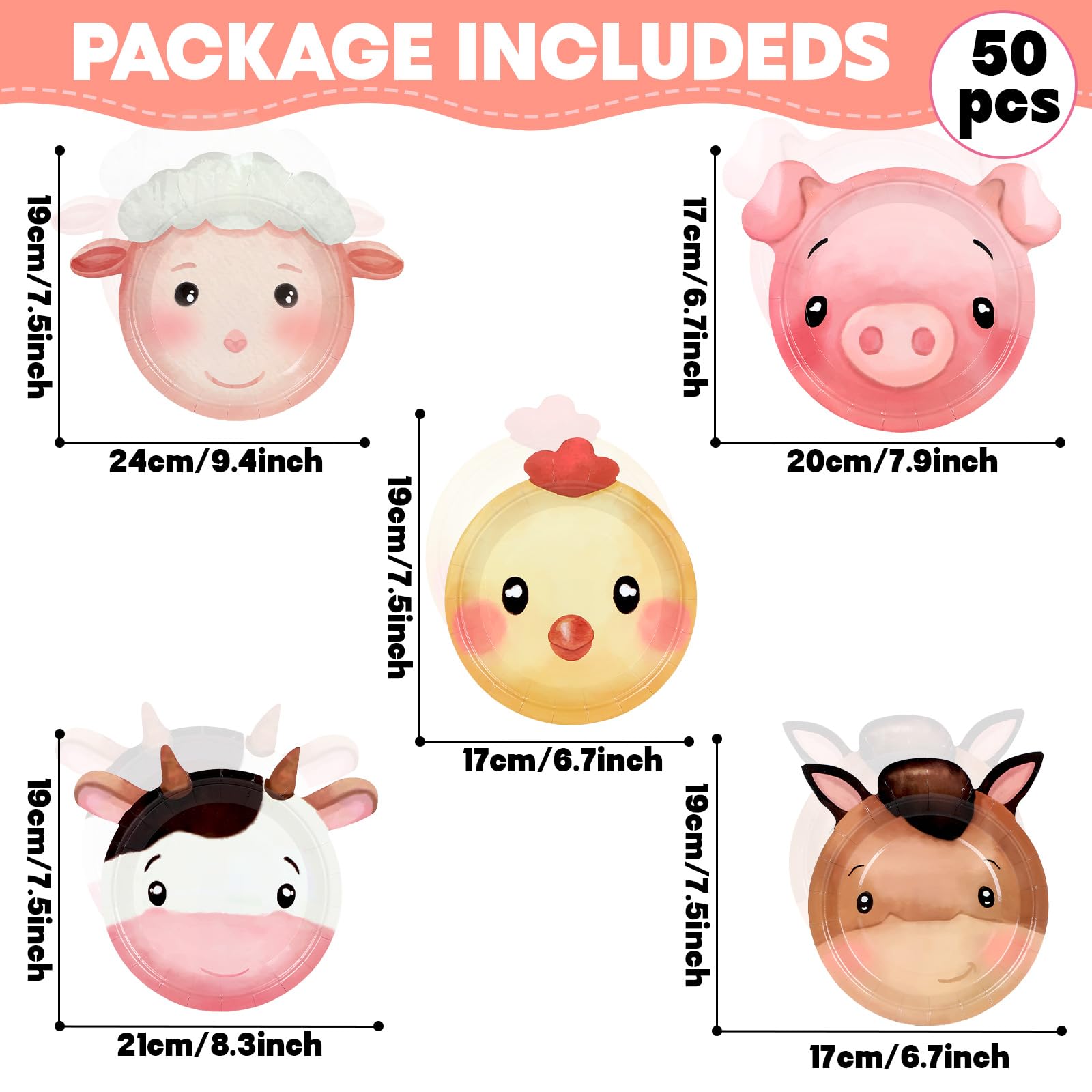 50 platos de papel desechables con forma de animales de granja, platos desechables con forma de granja, platos de cumpleaños de granja, platos de fiesta temáticos de animales de acuarela para