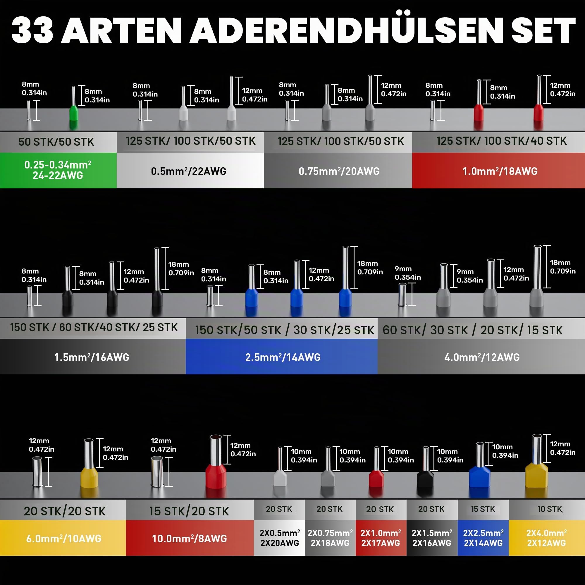PEBA Crimpzange Aderendhülsen Set, 33 Größen 0,25–10 mm² Aderendhülsen, Sechskant Aderendhülsenzange selbstjustierend mit Ratsche, Twin-Hülsen, isoliert & unisoliert, 8/9/10/12/18 mm, Abisolierzange
