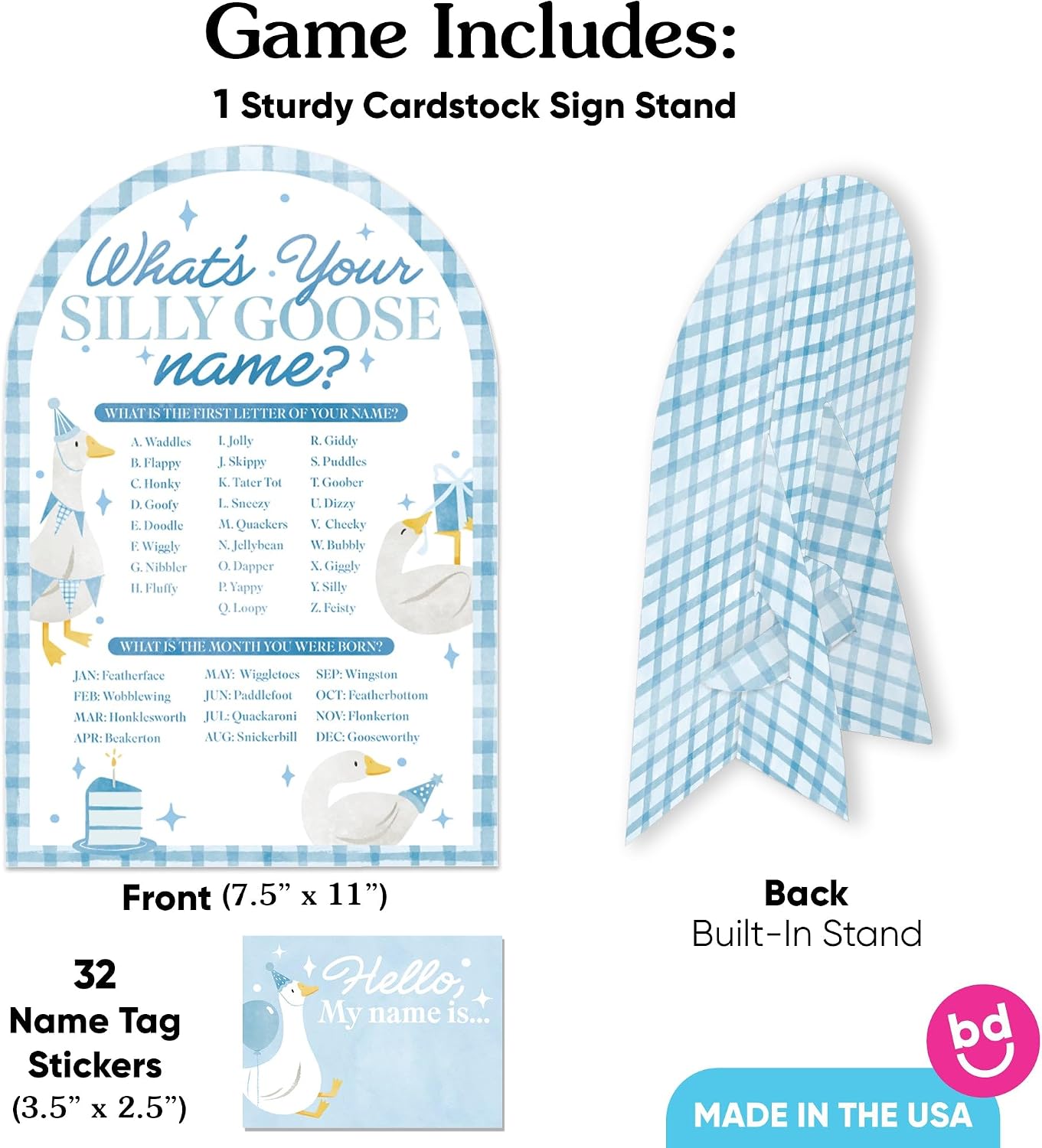 Big Dot of Happiness One Silly Goose Blue What's Your Name Party Game Activity, Funny Icebreaker Game for Blue 1st Birthday Party Decoration, 1 Sign with Stand and 32 Hello My Name Tag Stickers image 3