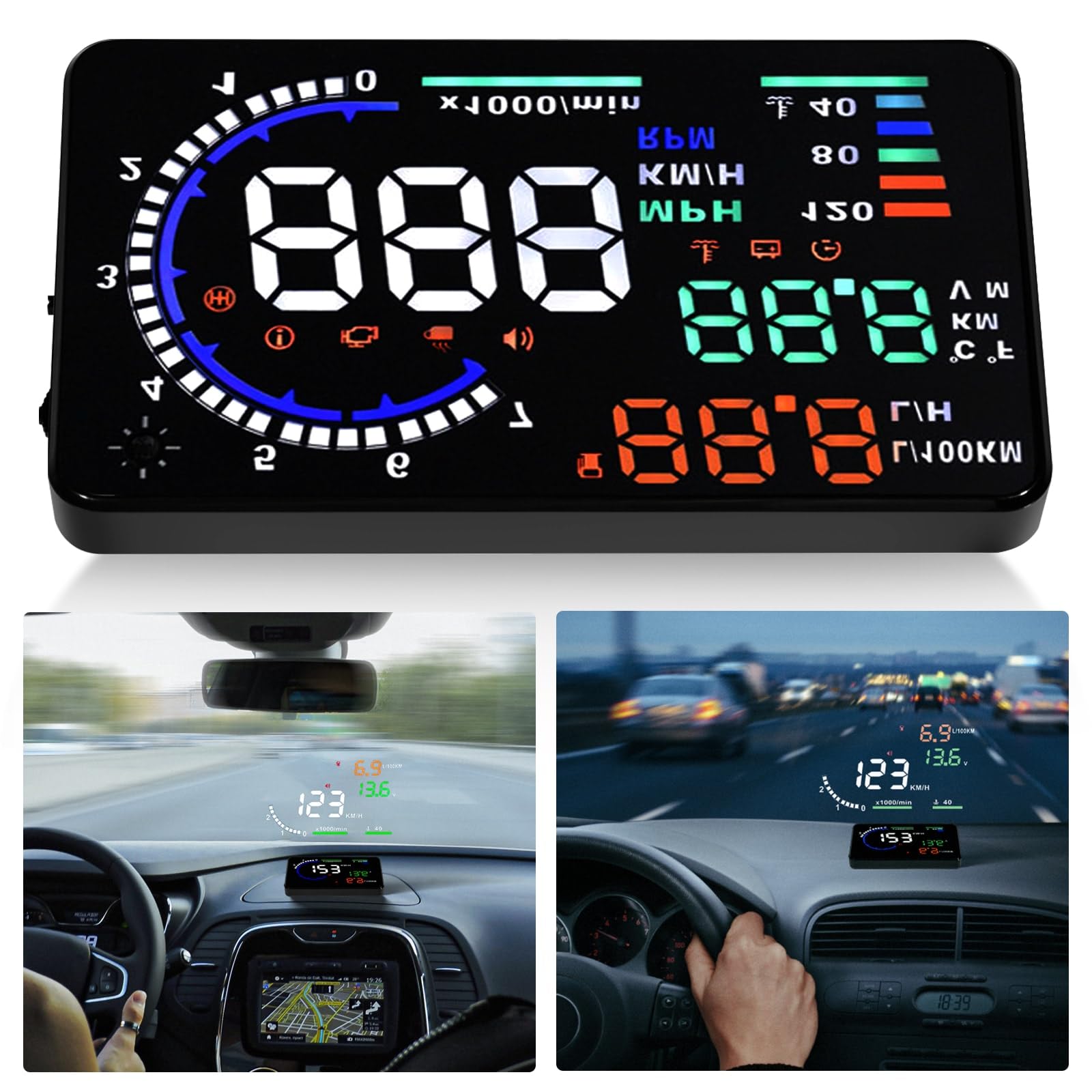 P SEPEYA8 5.5 OBD II Car HUD Display, 13.3-Inch LCD LED, Black, USB, For Most Cars