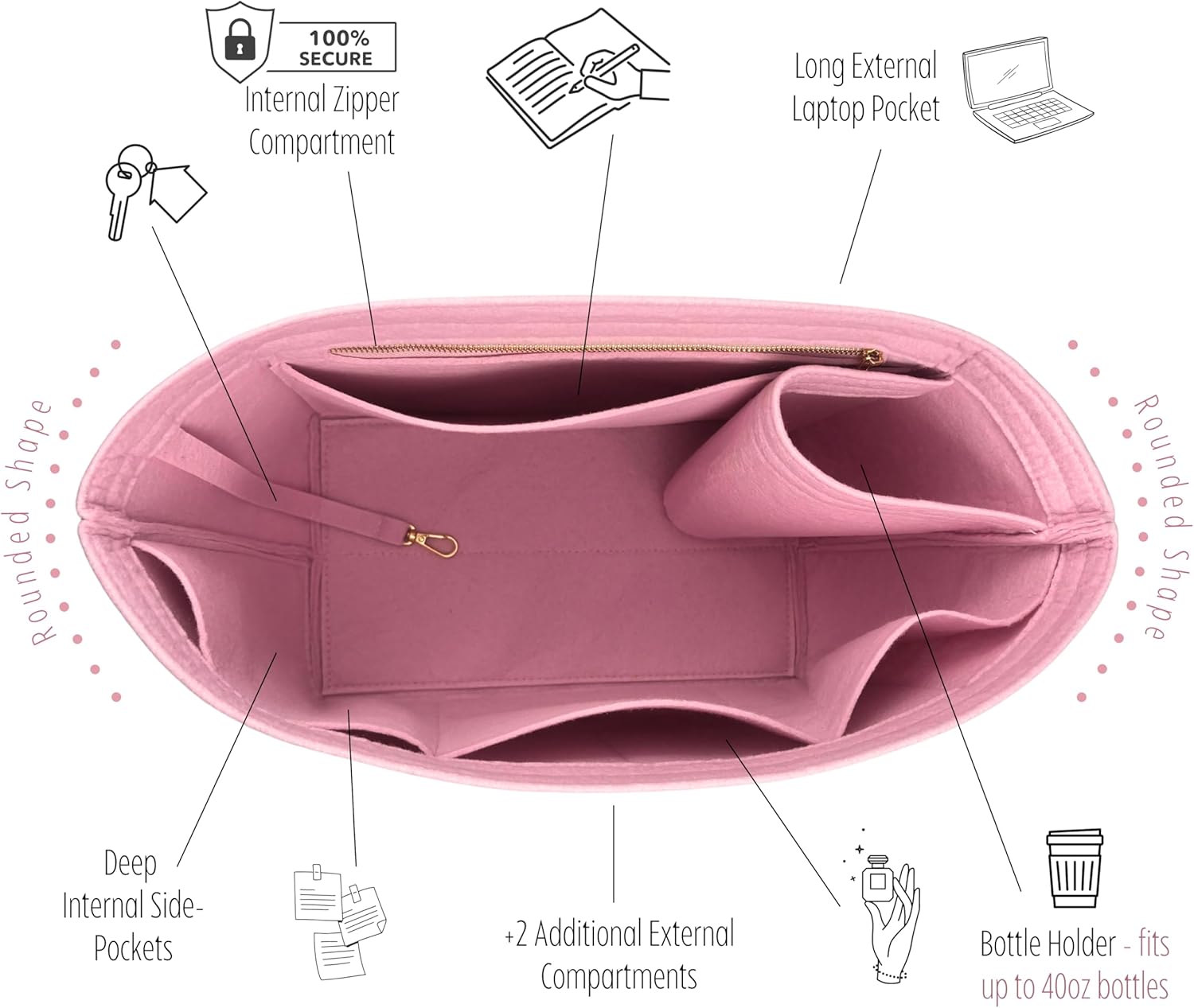 Divitize Premium Purse Organizer compatible with Lv Neverfull Bag Organizer - Handmade Oval Shaped Purse Insert with Gold Zipper, Perfect Fit for PM/MM/GM Tote, 2mm Felt (Beige, For Neverf. GM)