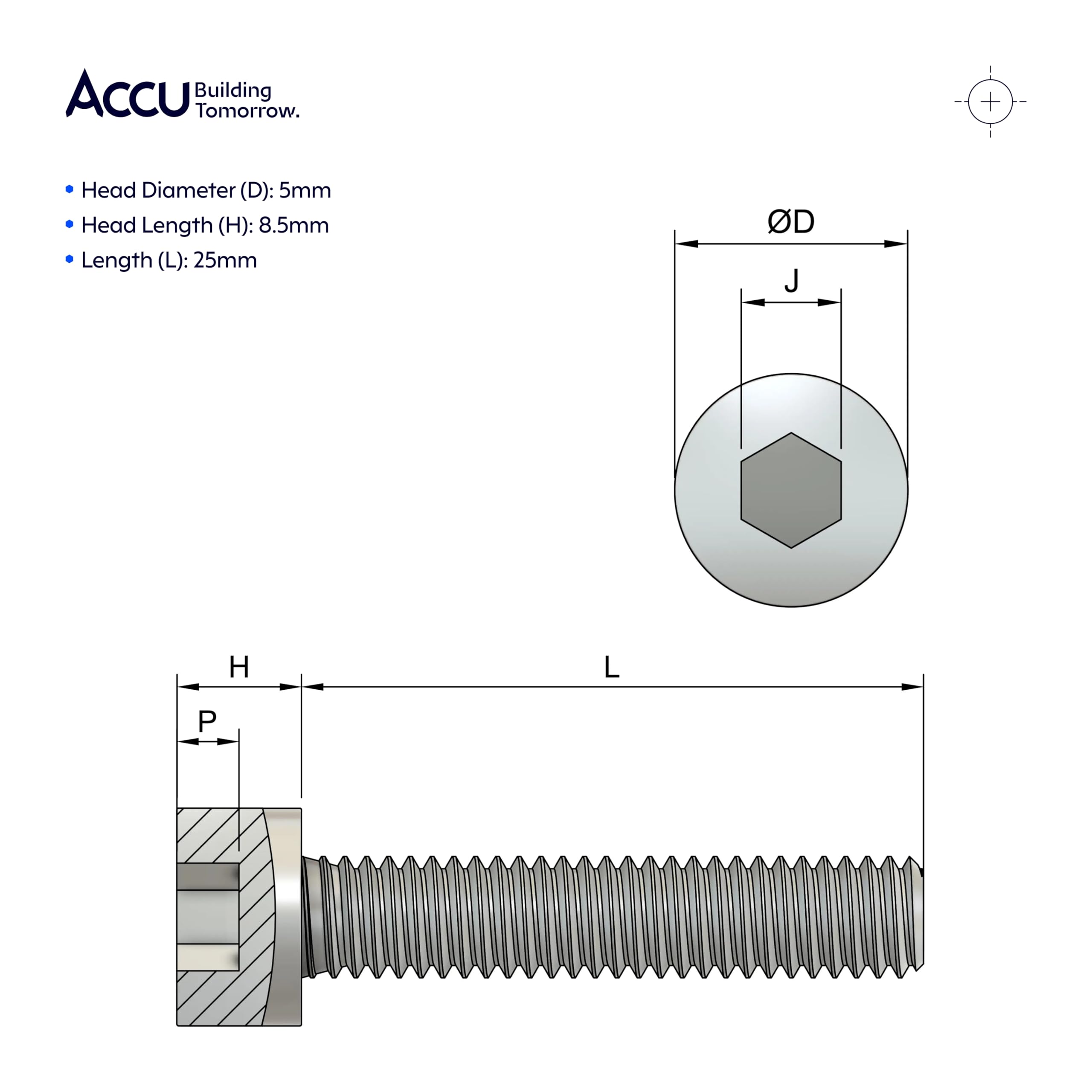 Accu - M5 x 25mm Full Thread Cap Head Screws (DIN 912) - Stainless Steel (A2) (Pack of 20) - Image 4