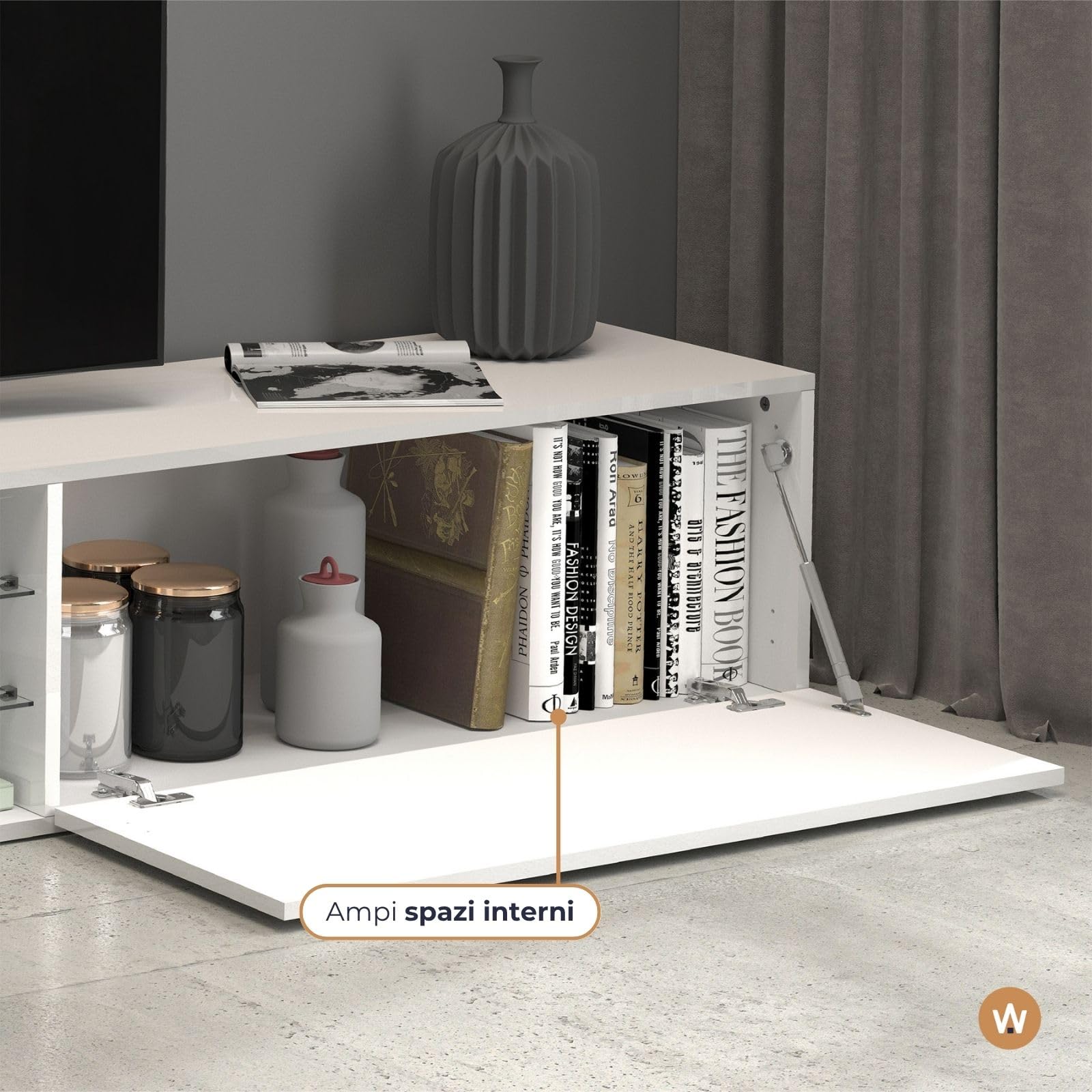 WHOUS Mobile Porta TV EGYPT per Soggiorno con 2 Ante a Ribalta e 2 Ripiani in Vetro, Mobile Tv per Salotto in Legno, 240x38x35 cm, Bianco Laccato Lucido