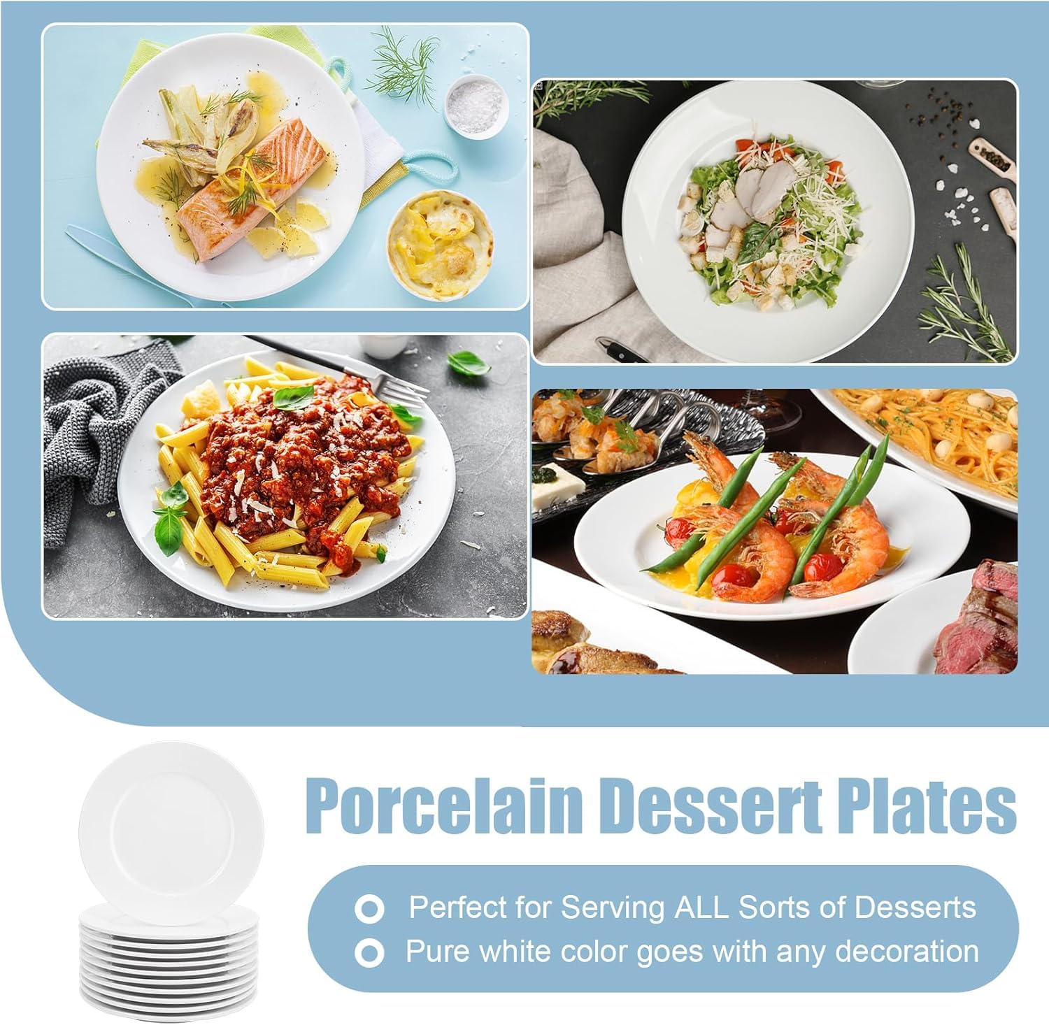 12 platos de postre de porcelana, platos pequeños para aperitivos, platos blancos pequeños de 10 pulgadas, platos pequeños para aperitivos, platos de ensalada blanca, juego de platos de