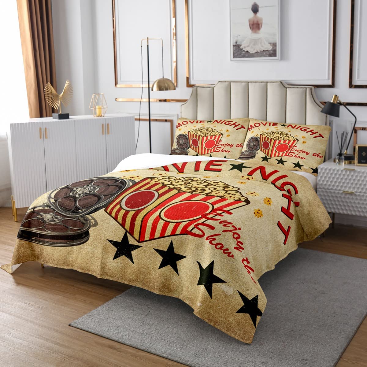 Film Nacht Tagesdecke 240x260 Genießen Show Gesteppt Brown Popcorn Tagesdecke für Filmliebhaber Kinder Jugend,Old Style Theater Schlafzimmer Dekor Klassische Film Große Film Tagesdecke Quilt-Set