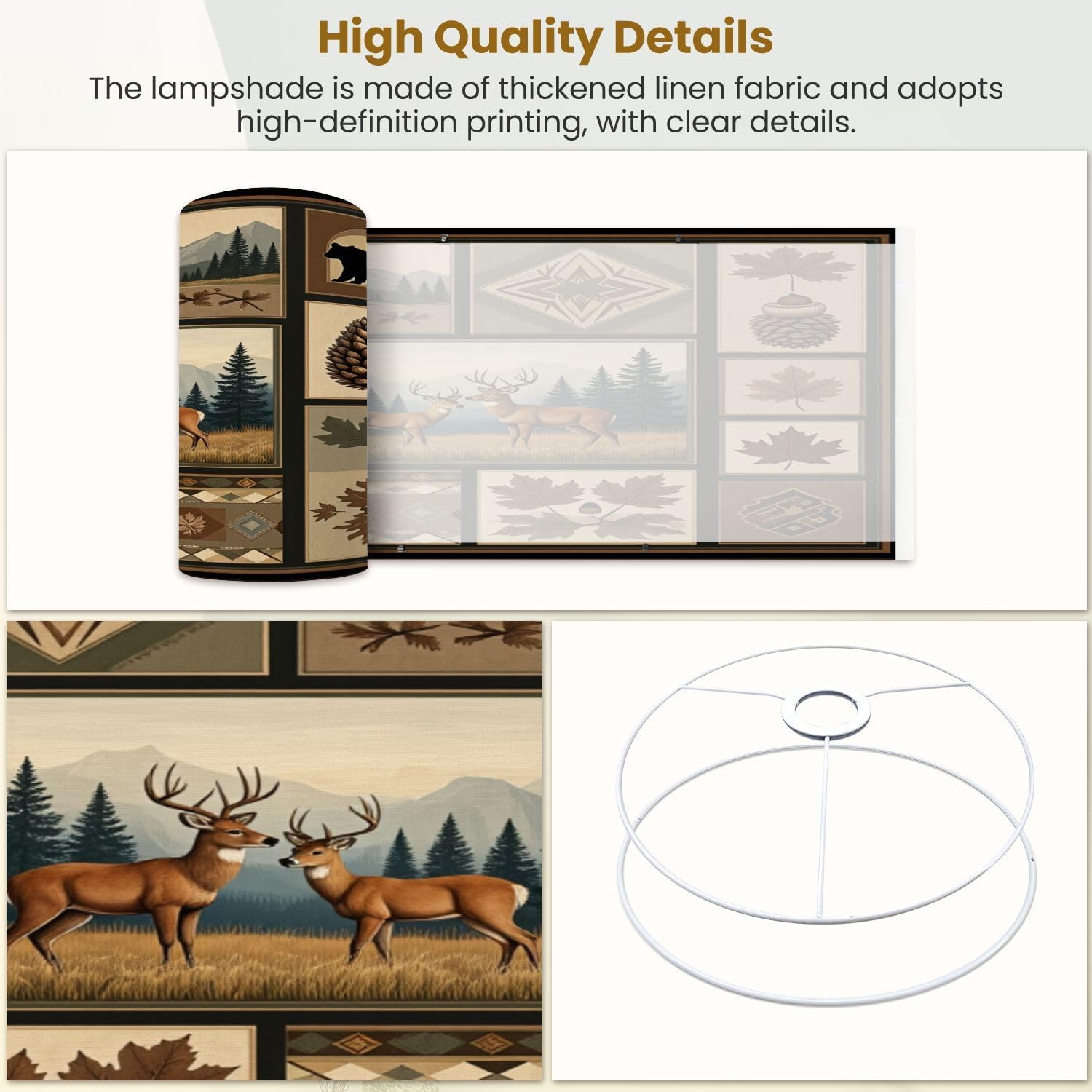 Linen Drum Lamp Shades 1 Pack Easy Assembly 13’’ W x 10’’ H Rustic Wilderness Collage Deer Bear Pine Cone Tribal Accents Replacement Lamp Shades for Table Lamps Farmhouse Lamp