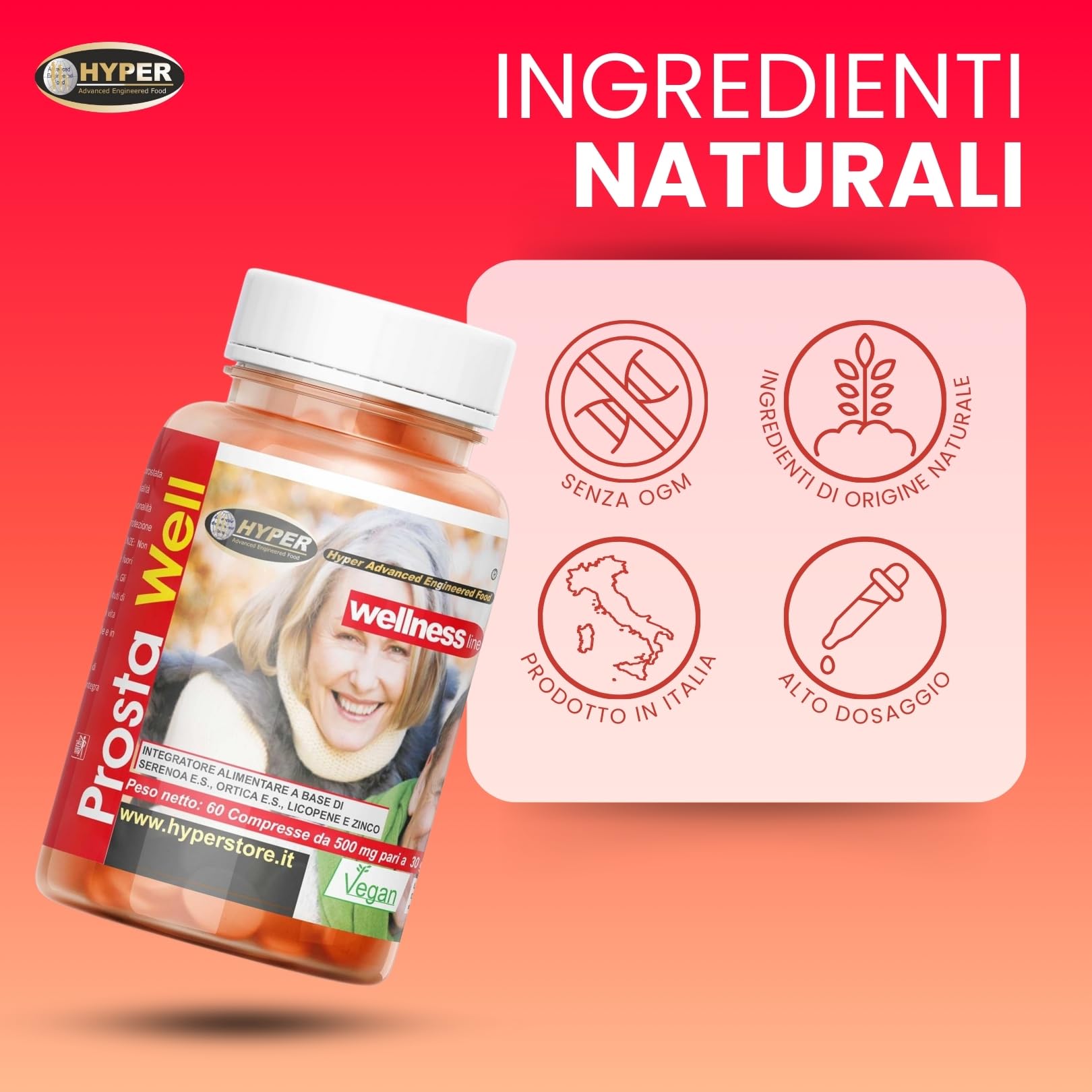 Hyper Integratore Alimentare Prostata Benessere Salute Favorisce la Funzionalità della Prostata e delle Vie Urinarie con Serenoa Repens Saw palmetto Ortica Licopene Rimedio Naturale 60 Compresse