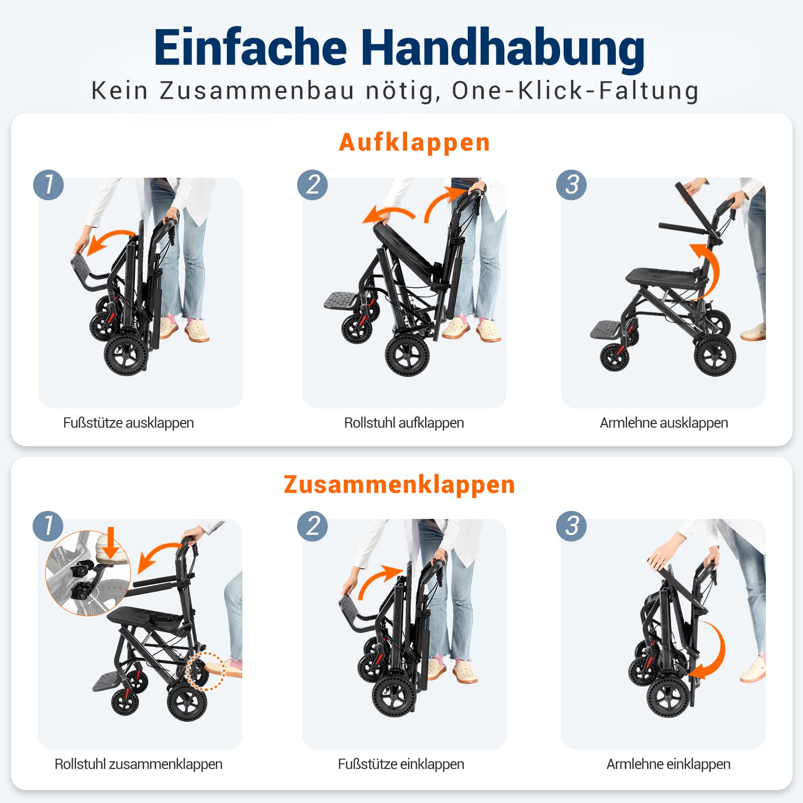 Care Parents rollstuhl Faltbar Ultra-Leicht (6,3kg),40cm Sitzbreite,Aluminium Reiserollstuhl,Kompakt für Flugzeug & Auto,Armlehnen Hochklappbar,Transportrollstuhl Schmal für Wohnung,bis 100kg(CP-A188)