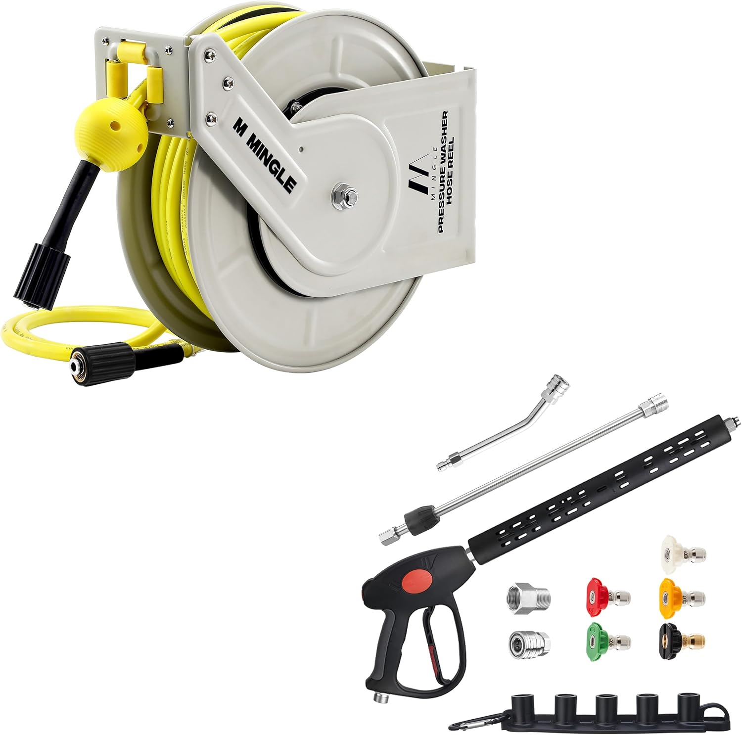 M MINGLE Retractable Pressure Washer Hose Reel and Replacement Pressure Washer Gun with Extension Wand