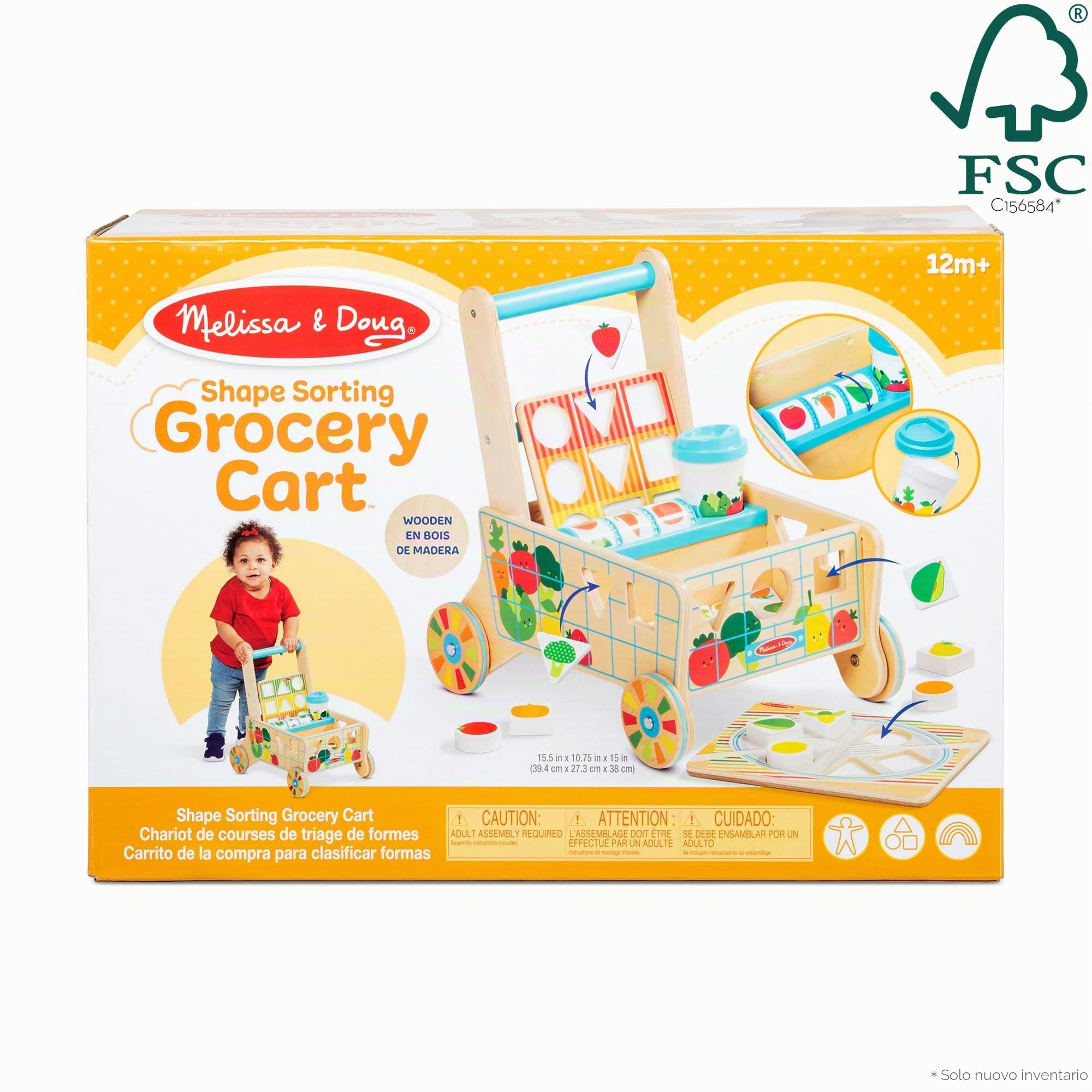 Melissa & Doug - Carrello della spesa giocattolo in legno per ordinare le forme con puzzle, Giochi in legno, Giocattoli per lo sviluppo, 12 mesi, Regalo per bambino e bambina - Certificati FSC