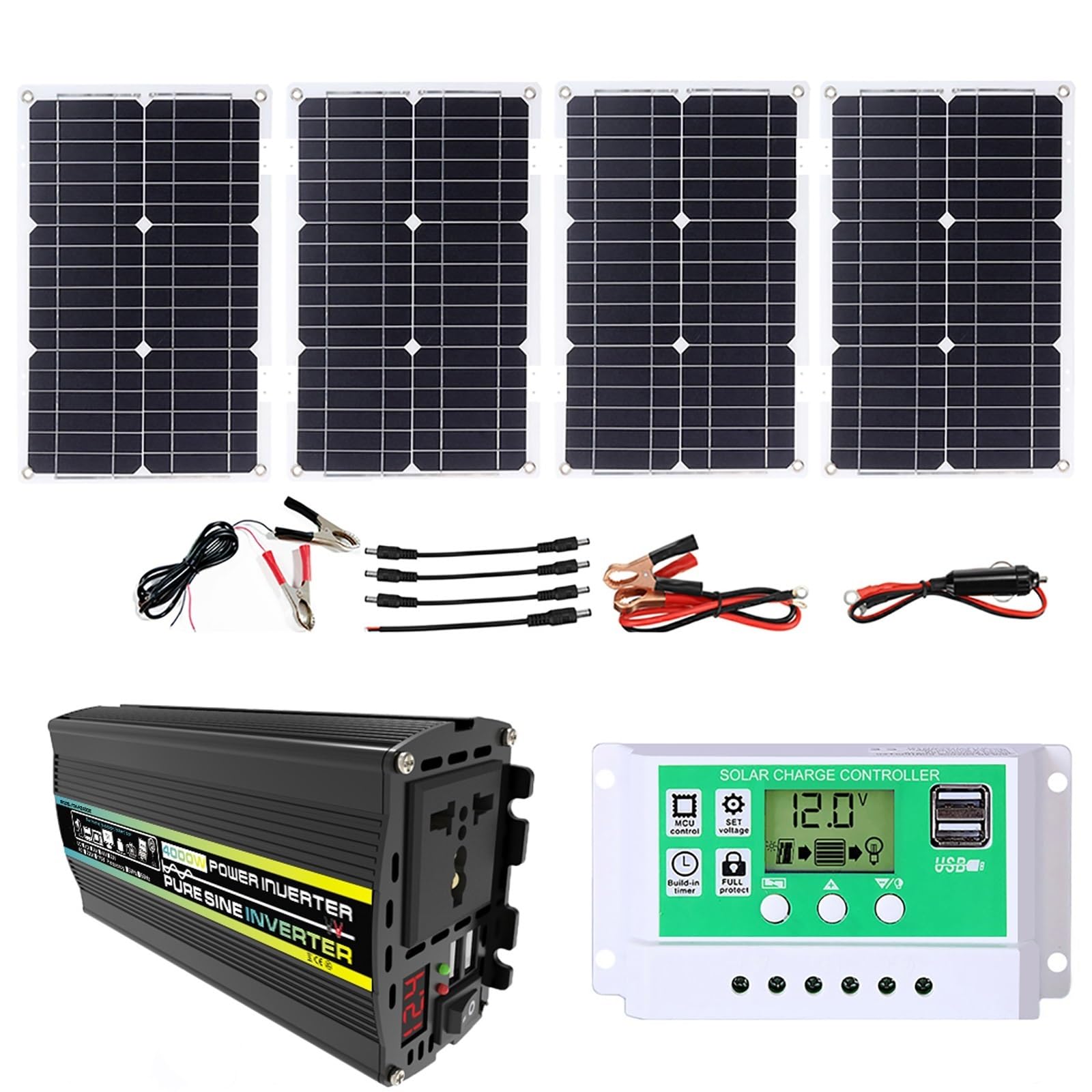 Kit Inverter Solare Completo da 4000W con Regolatore da 50A E Pannelli Solari da 100W Sistema di Rete Domestica, Generatore Solare per Casa E Sistemi di Alimentazione All'aperto(12v-220v)