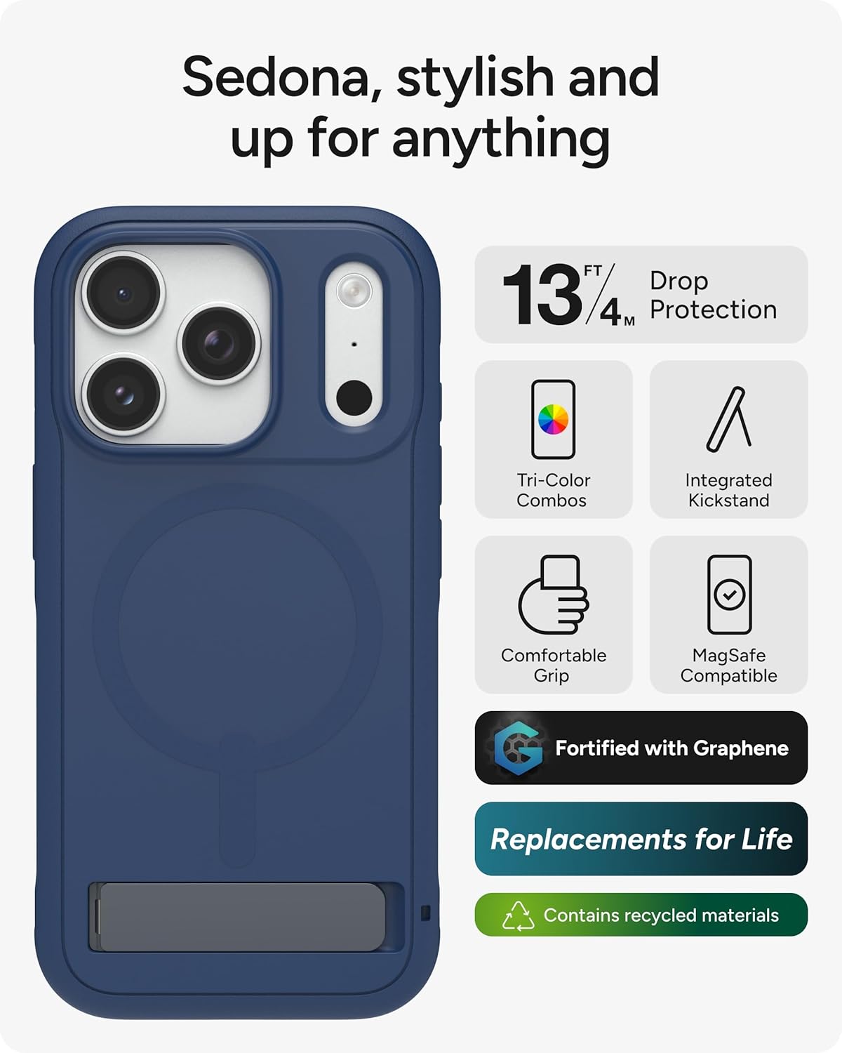 ZAGG Sedona Snap Case with Kickstand for iPhone 17 Pro - Navy Blue, Drop Protection (13ft/4m), Multi-Layer Protection, with Camera Button, MagSafe Phone Case with Impact-Absorbing Bumpers