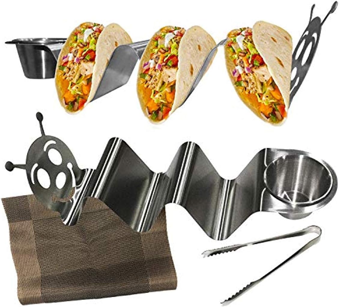 Taco Holder Stainless Steel Tray - Set of 2 Taco Stand, Ideal for Taco Tuesday & Kids Party Oven Baking, Dishwasher and Grill Safe - Tortilla Rack, Taco Stand Up Plate Truck Style, Restaurant and Home