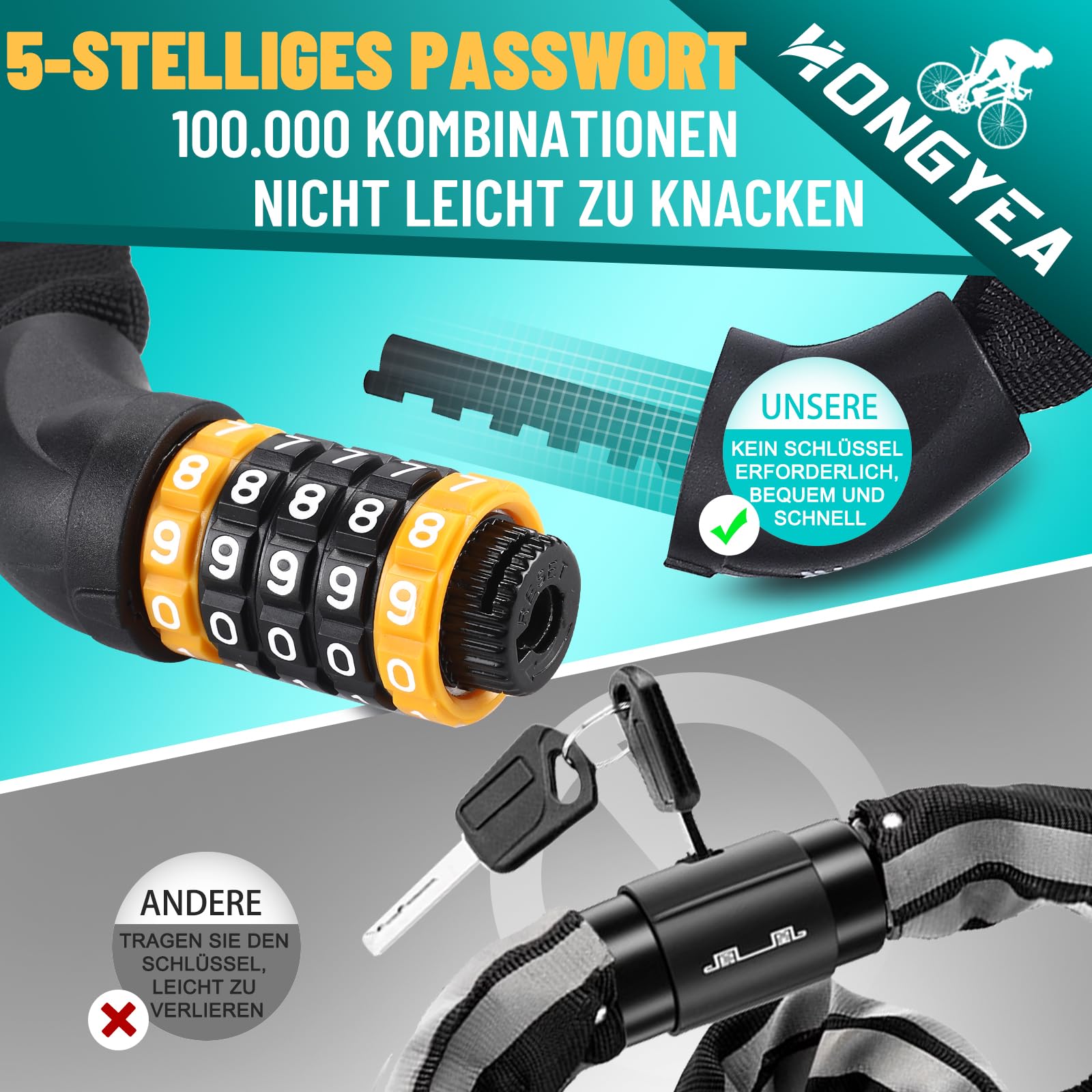 ICOCOPRO Fahrradschloss Zahlenschloss -120cm, fahrradschloss hohe sicherheit mit 5-Stelligem Zahlencode, fahrrad kettenschloss für E Bike scooter, MTB, Trekkingrad, Rennrad, Motorrad, OutdoorWerkzeuge Sport & Freizeit