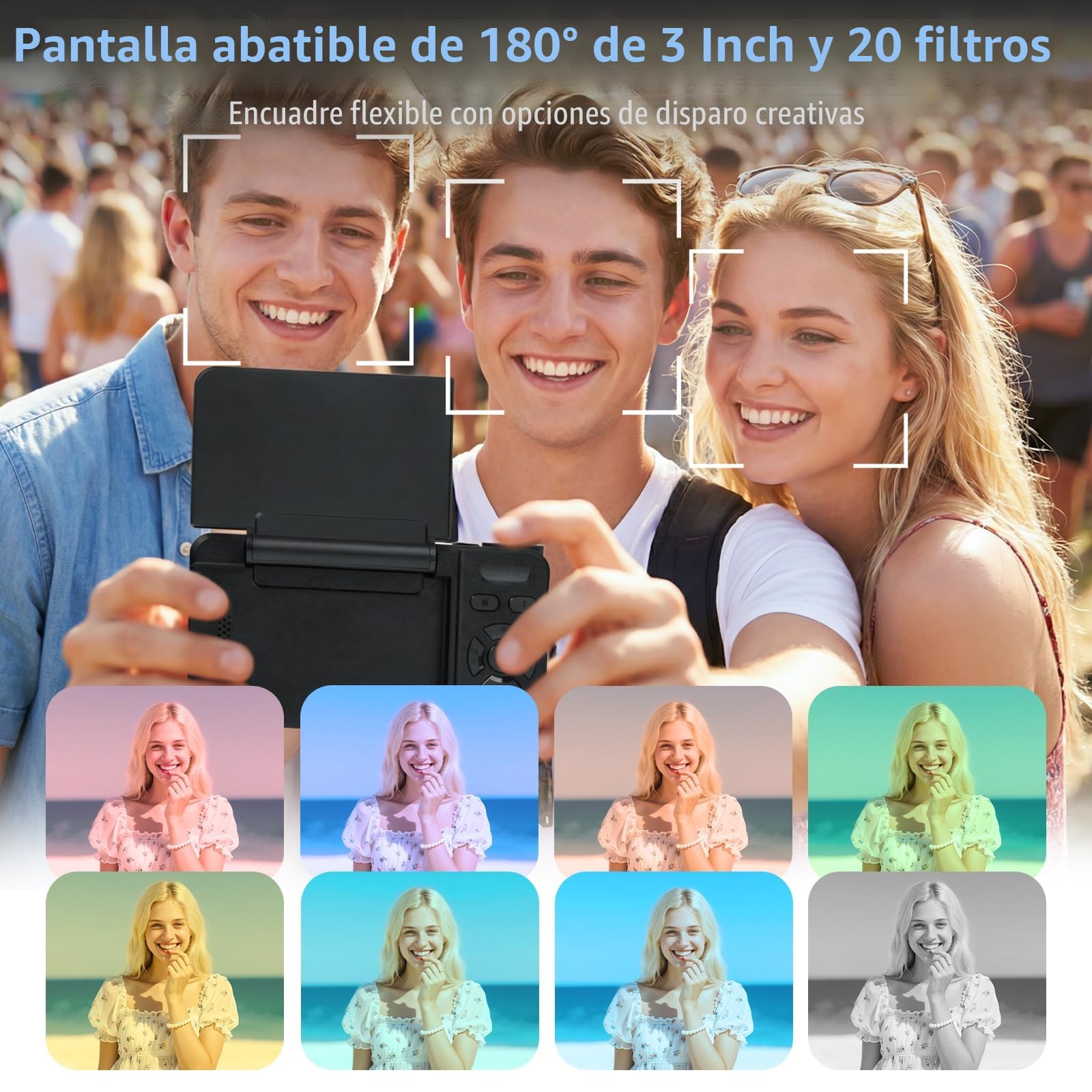 Cámara Digital 4K 64MP con Luz Beauty y Modo Belleza Cámara Digital Portátil con Pantalla Abatible 180° de 3" Zoom Digital 18X con Autofocus Cámara Compacta para Vlogging y Viajes Incluye Tarjeta 32GB