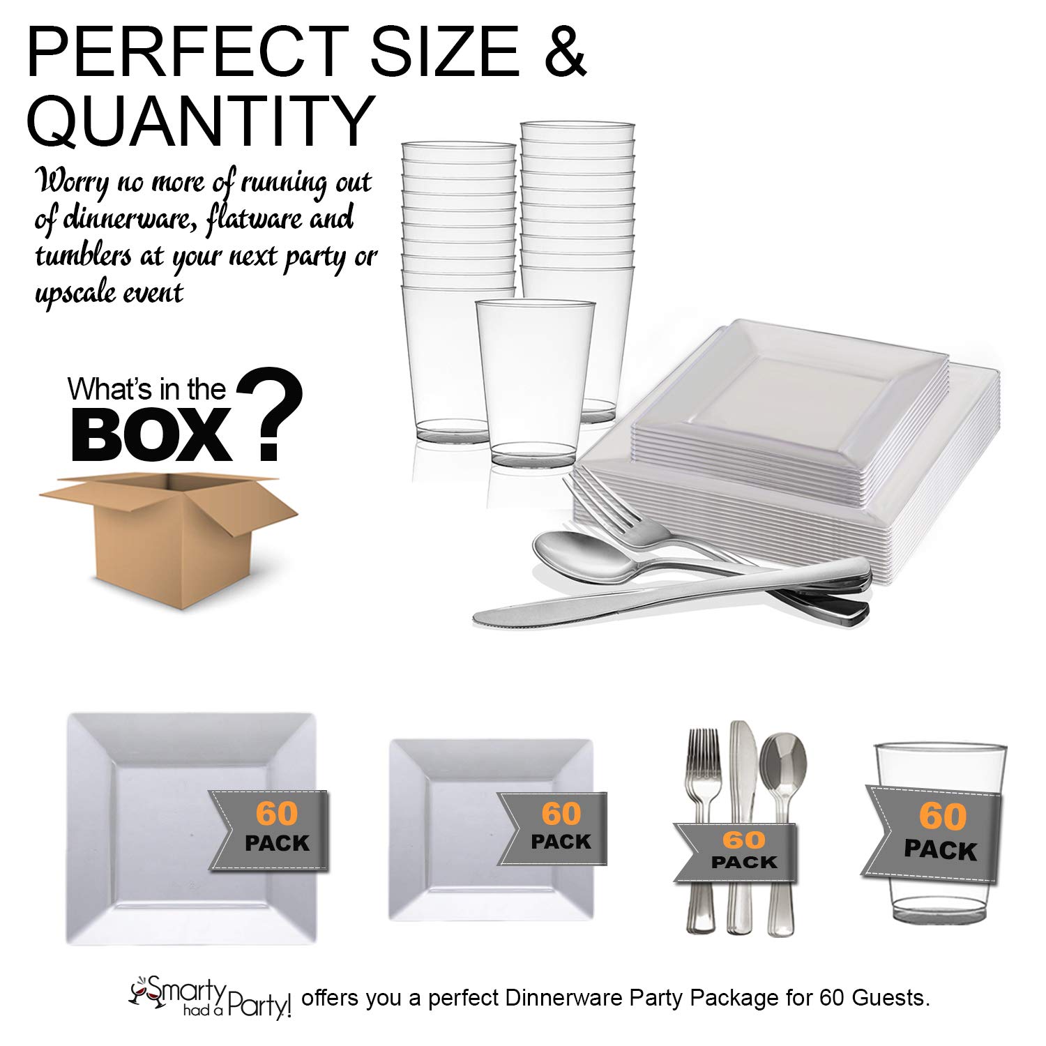 Disposable Plastic Dinnerware Set for 60 Guests - Square White Dinner Plates, Salad Plates, Silverware Set/Silver Cutlery & Cups for All Occasions