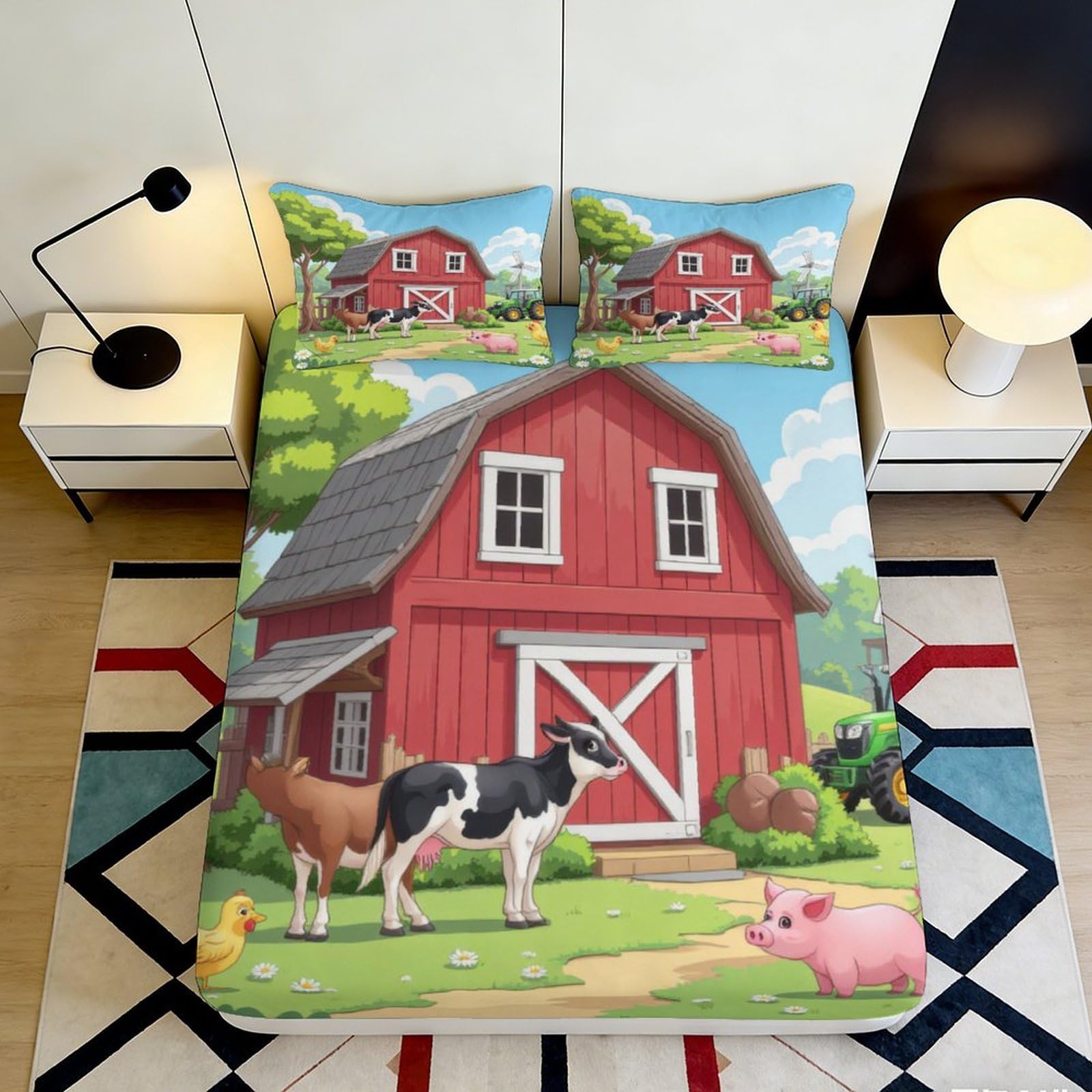 3D Printed Red Barn Farmhouse Fitted Sheet Microfiber Soft Animal Pig Cow Mattress Cover Bedroom Decor 90x200x25cm