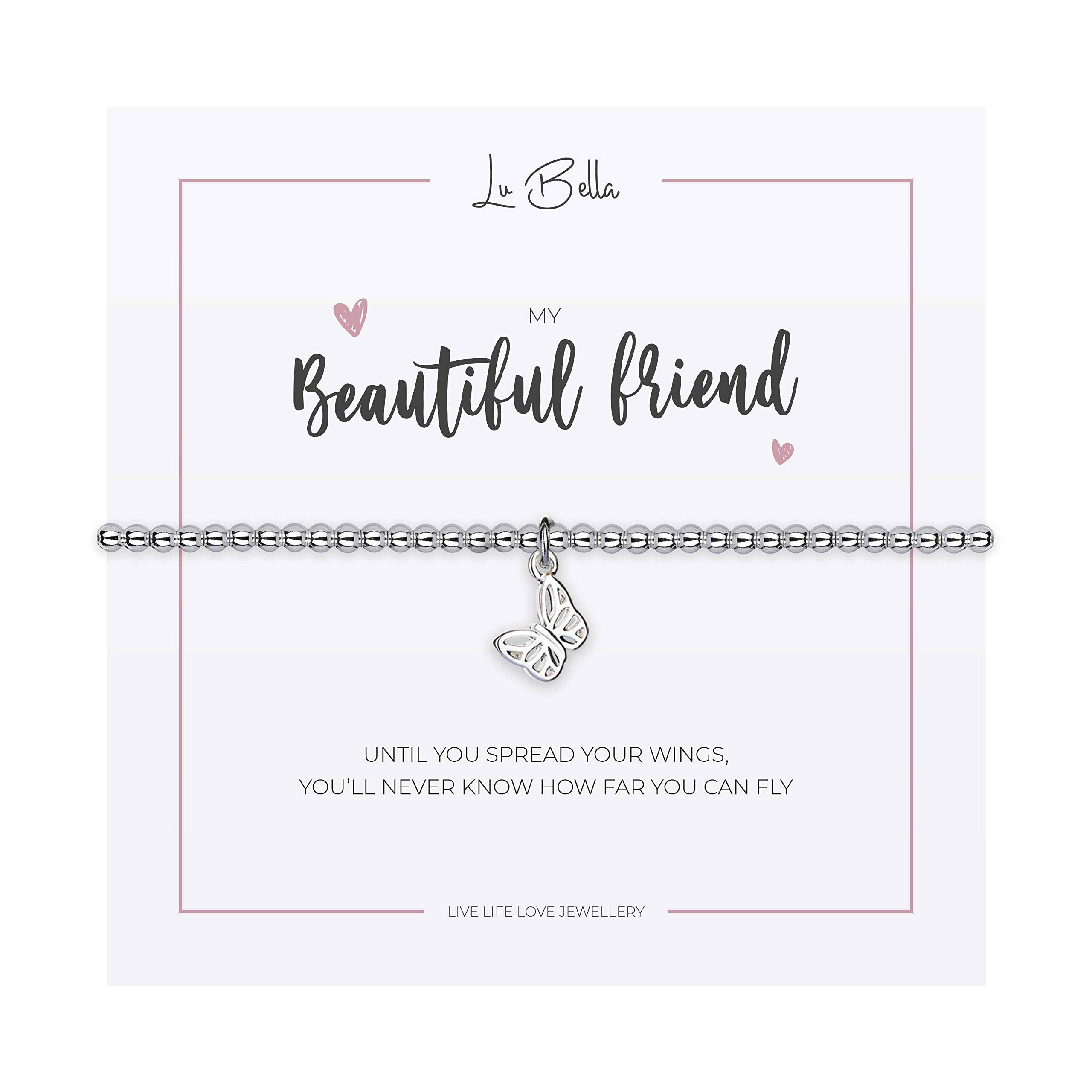 Lu BellaBeautiful Friend Silver Butterfly Friendship Charm Bracelet - Womens Stackable Jewellery - Thoughtful Best Friend Bracelet with Charm and Gift Bag