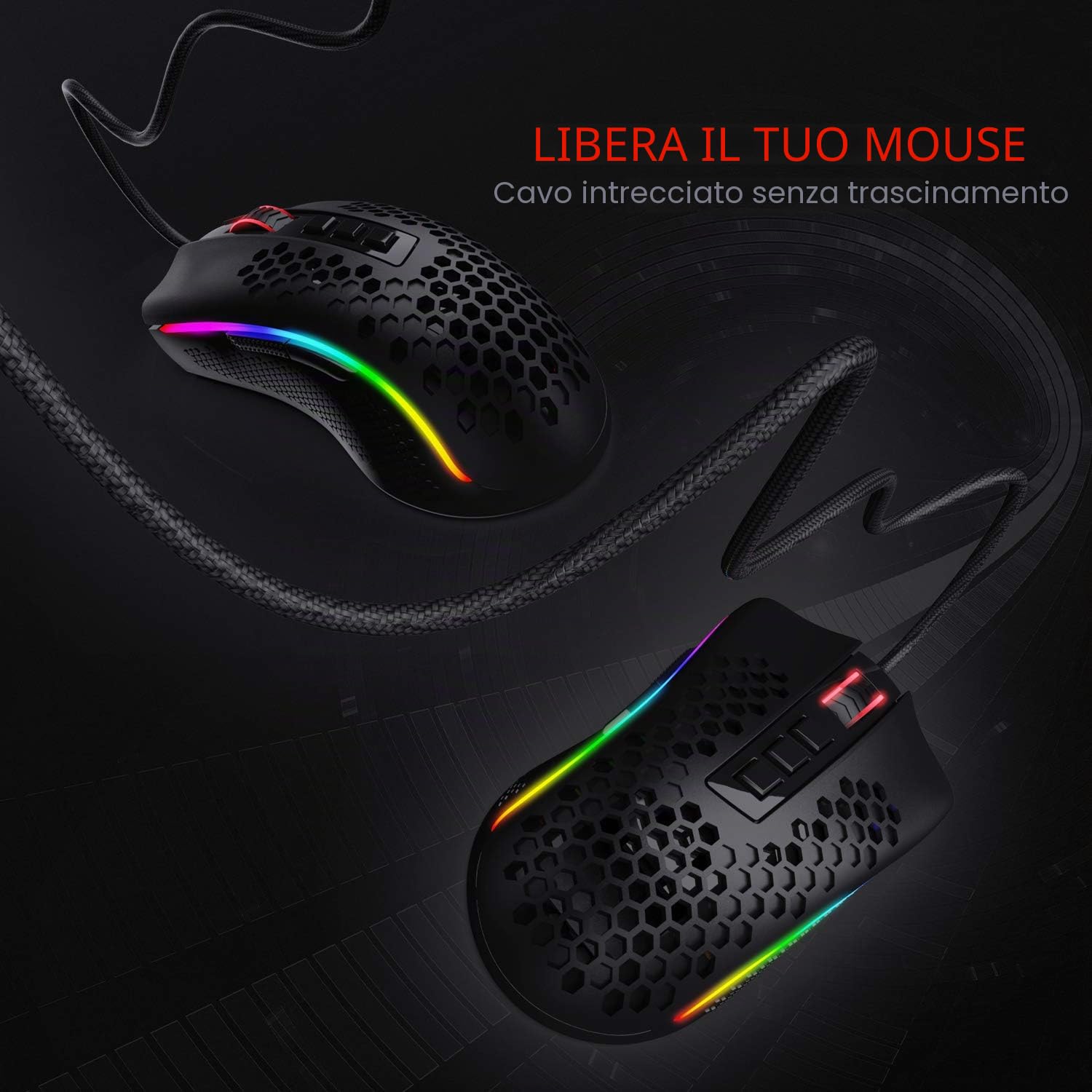 Redragon M808 Storm - Mouse da gioco RGB leggero, guscio a nido d'ape ultraleggero da 85 g - sensore ottico da 12.400 DPI - 7 pulsanti programmabili - registrazione precisa - cavo Super-Lite