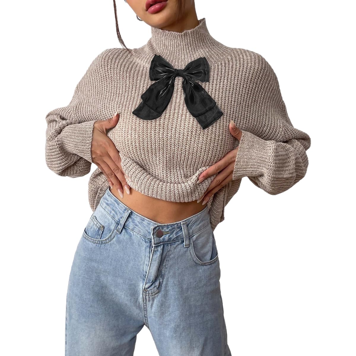 Women s Velvet Bow Turtleneck Sweater Fall Fashion Slouchy Long Sleeve Pullover Work from Home Cozy Sweater