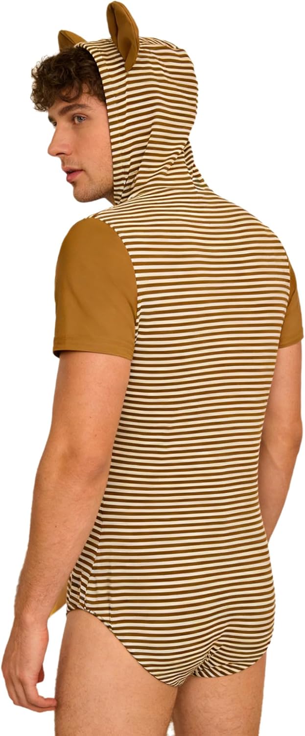 XUNZOO Mens Hooded Romper Sleepwear Striped Nightgown Soft Cotton Spandex Blend with Bear Ears Design
