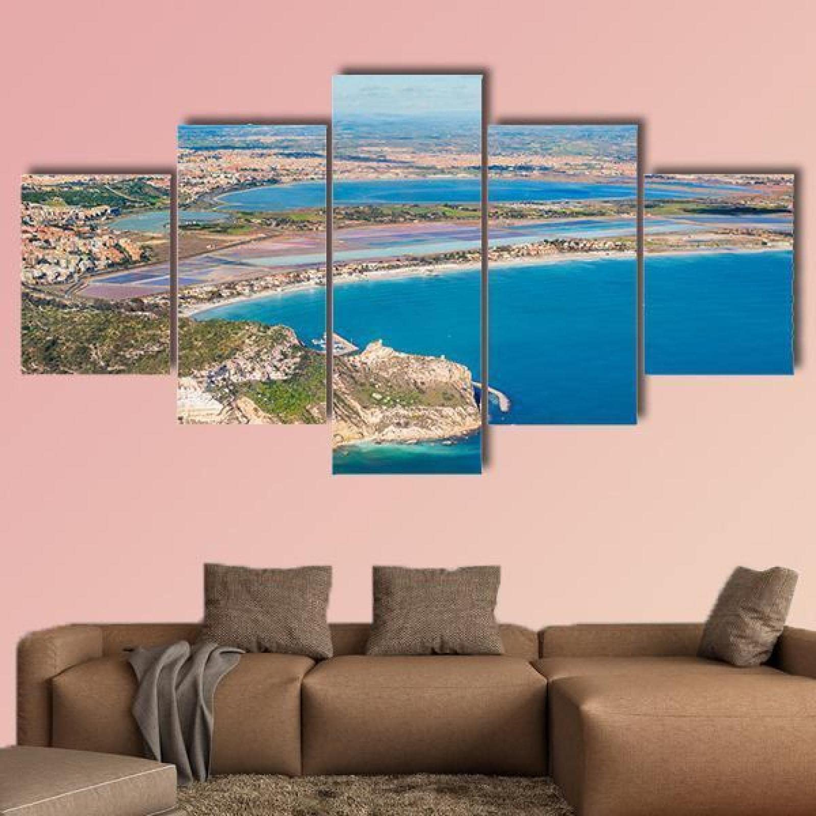 5 pezzi stampa su tela Veduta Della Costa Del Poetto A Cagliari 5 pezzi quadro su tela,stampe e quadri su tela 5 pezzi quadro moderno 5 pezzi su tela,Murale Quadri Moderni Soggiorno Casa Decor 150x80