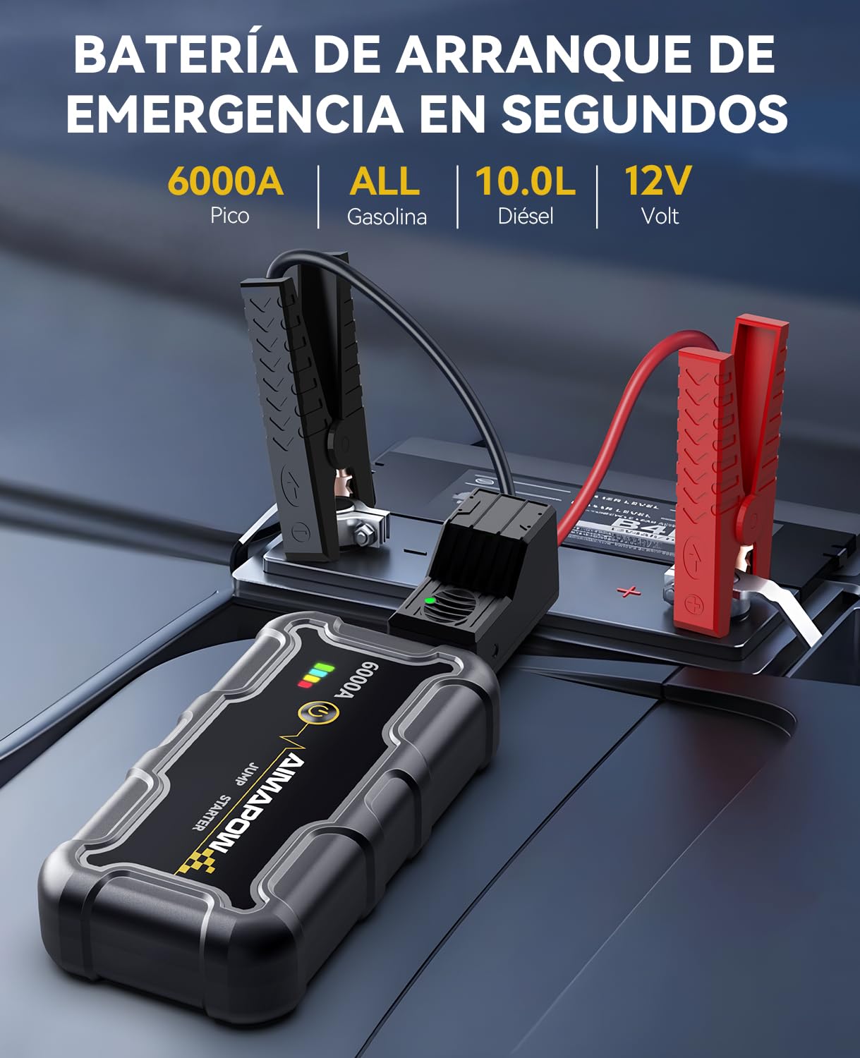 Arrancador de Baterias de Coche, Arrancador de Coches Portatil 6000A, 12V Jump Starter (hasta Todo Gas o Diésel de 10,0L), Clips de Seguridad Inteligentes, LED de 400 Lúmenes, Caja Portátil