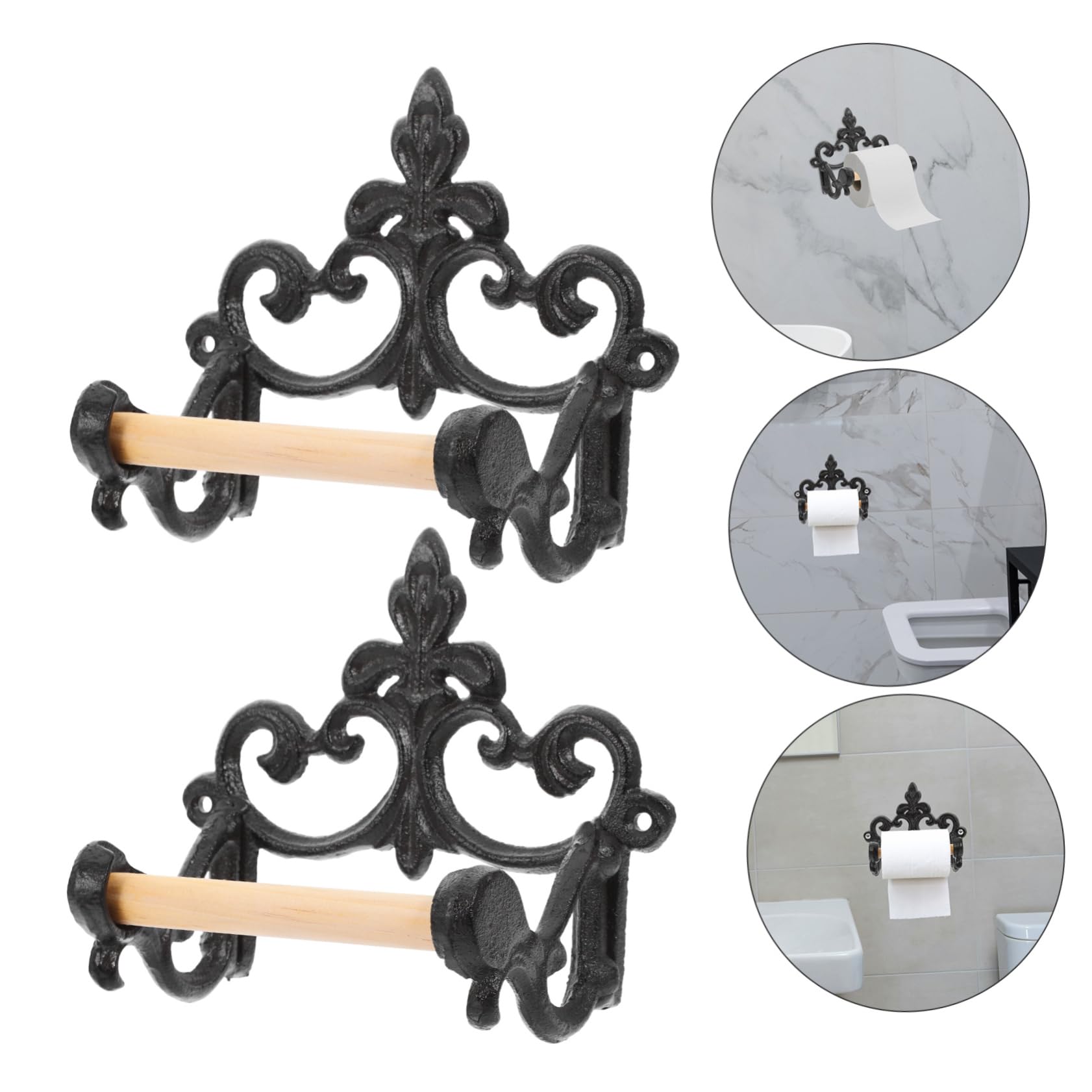 Portarrollos de Papel Higiénico Vintage de Hierro y Madera, Montaje en Pared, Negro, 2 Piezas, para Baño