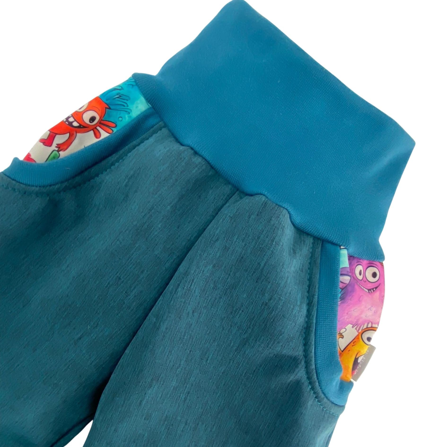 Lilakind“ Baby Kinder Softshell Hose Petrol oder Lila Meliert mit Monstern Cartoon Gr. 74-122 - Made in Germany
