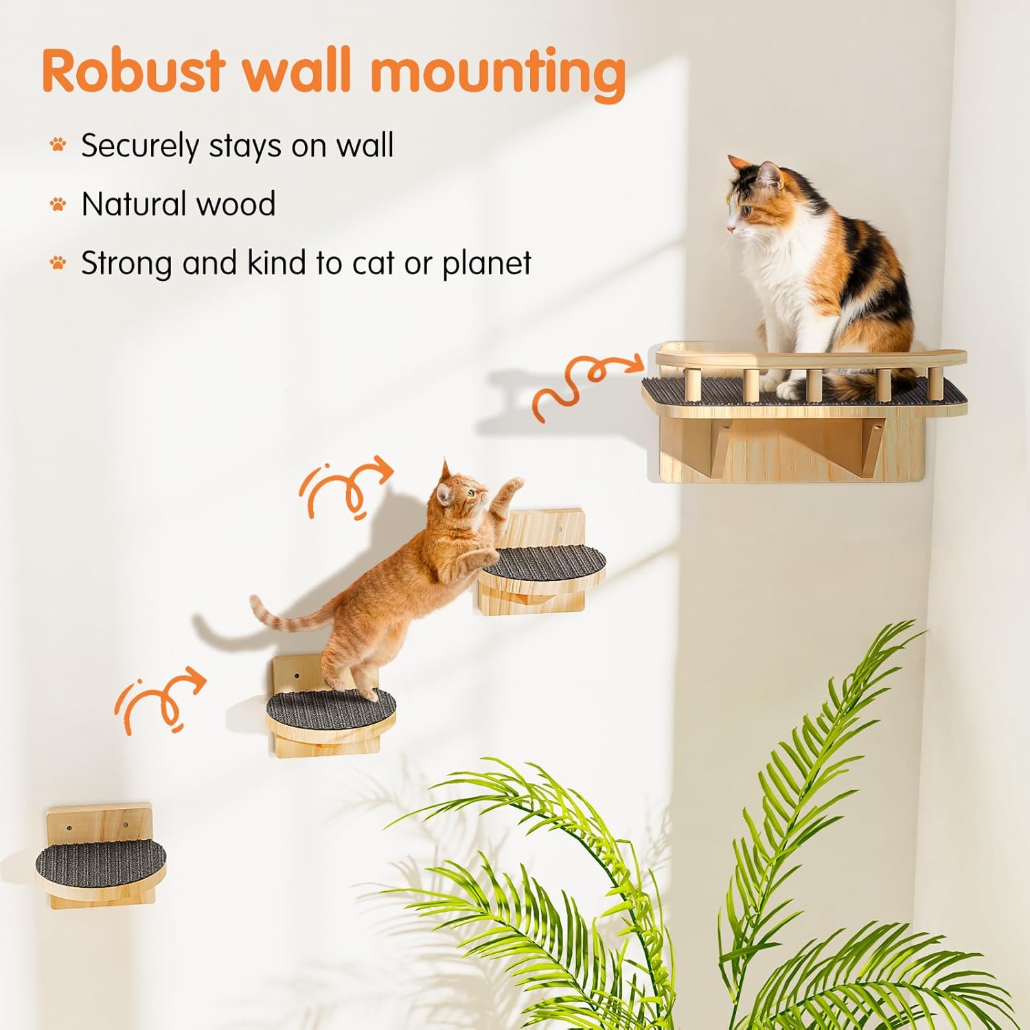 Cat Wall Shelves with 3 Steps, Floating Cat Shelves for Wall with Wide Perch, Modern Wood Wall Mounted Furniture up to 15lbs, Climber Shelf for Small/Medium Cats Sleeping,Jumping, Playing