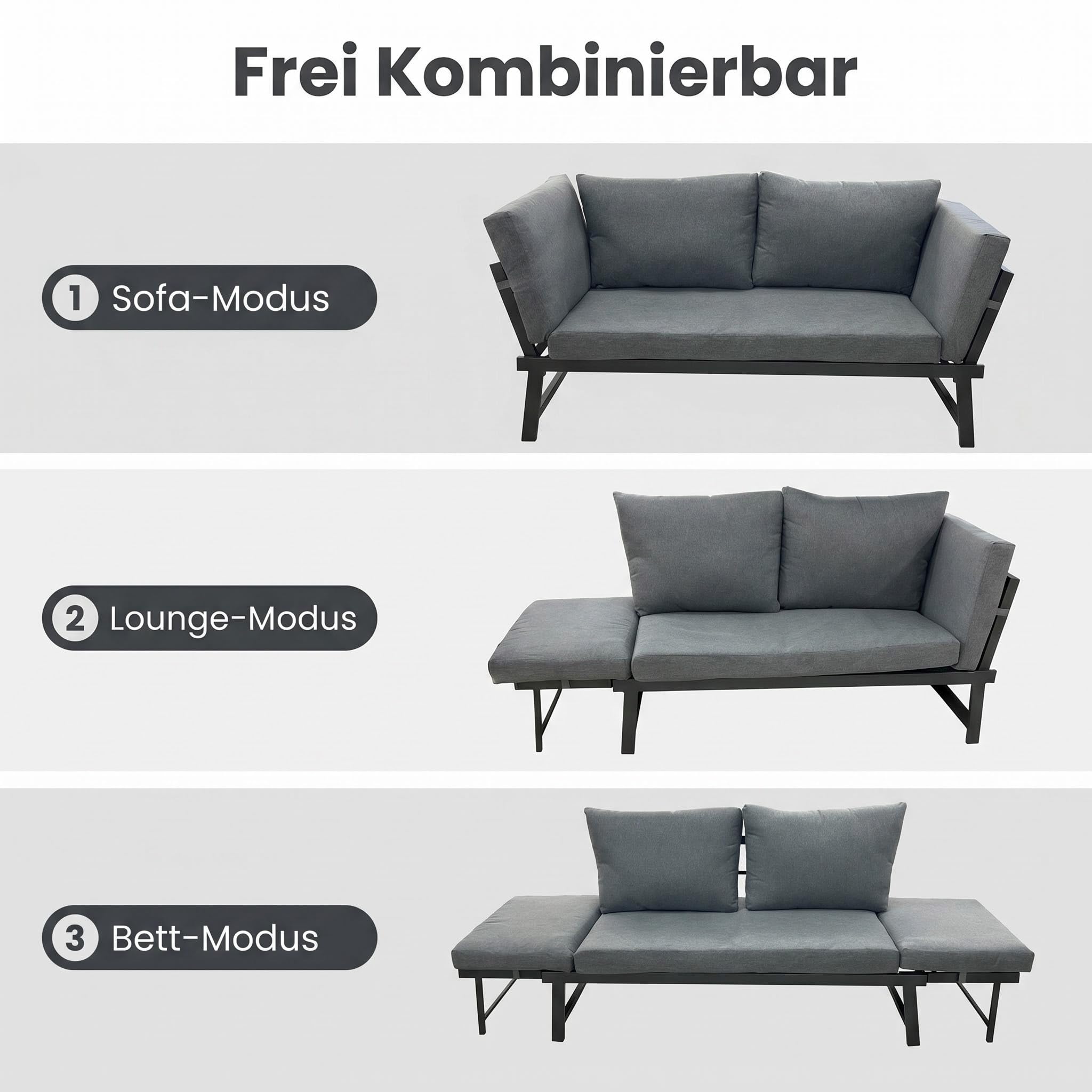 Klappbares 4 in1 Garten-Loungesofa mit Verstellbarer Rückenlehne und abtrennbarer Seitenliege, wetterfestes Stahl-Textilene-Gestell inklusive dickem Polyester-Kissen, geeignet für Terrasse