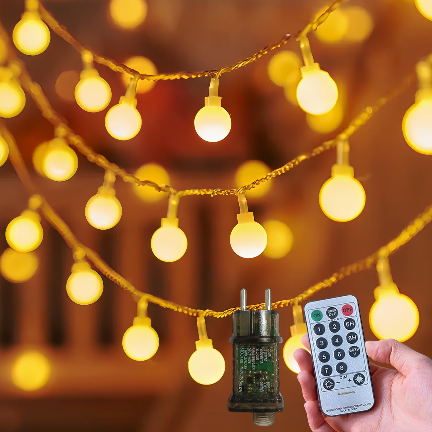 taiyongkang Lichterkette Kugeln Innen & Außen, Kugel Lichterkette mit Stecker Strom 15M 100 LED, Lichterketten für Balkon, Garten, Kinderzimmer & Indoor Deko, Balkon Lichterkette Outdoor