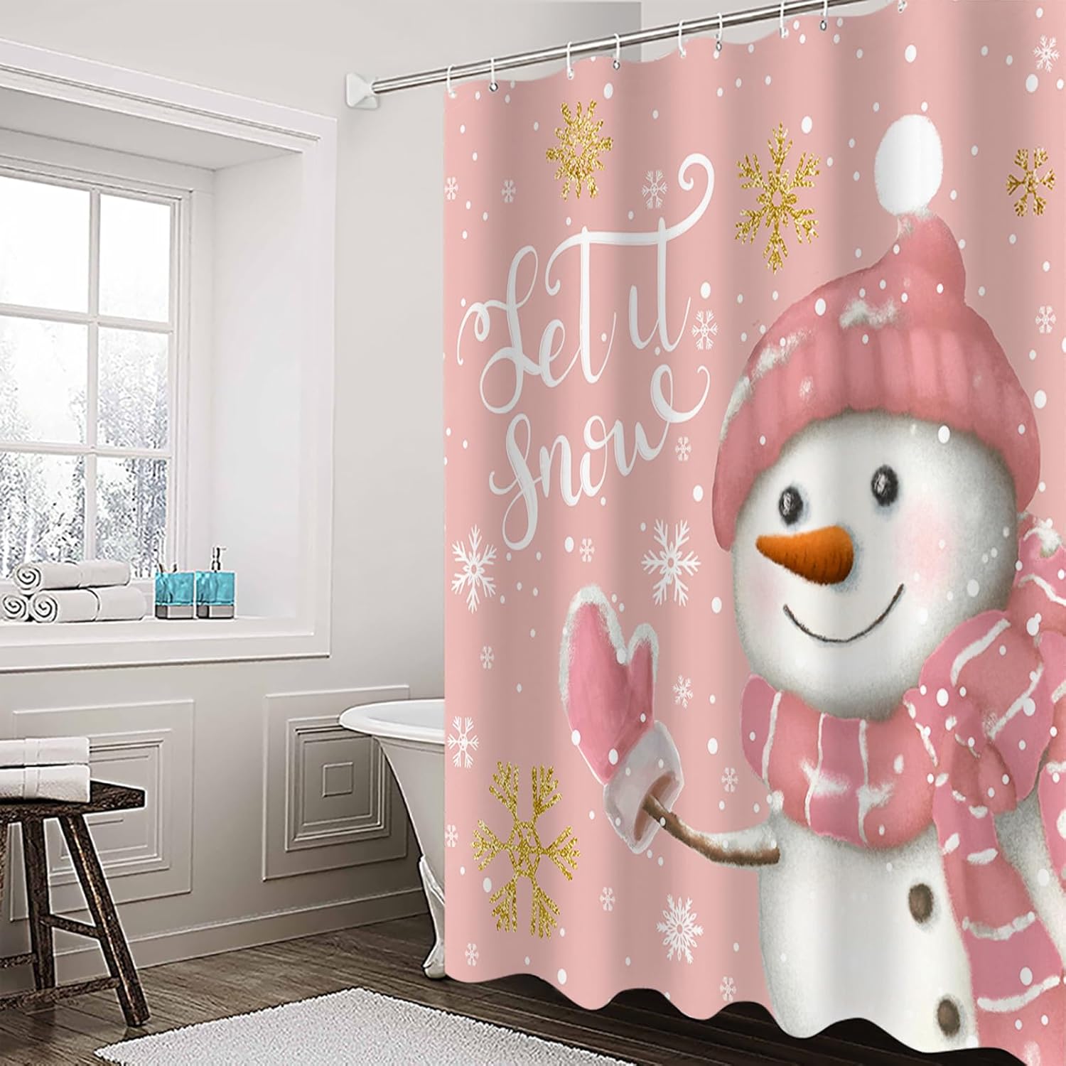 Christmas Fabric Shower Curtain, Hot Pink Cartoon Snowman Snowflake Waterproof Shower Curtain Set with 12 Hooks Let It Snow Bathroom Curtains for Farmhouse Dorm Home Hotel Holiday Decor, 36"W x 72"L