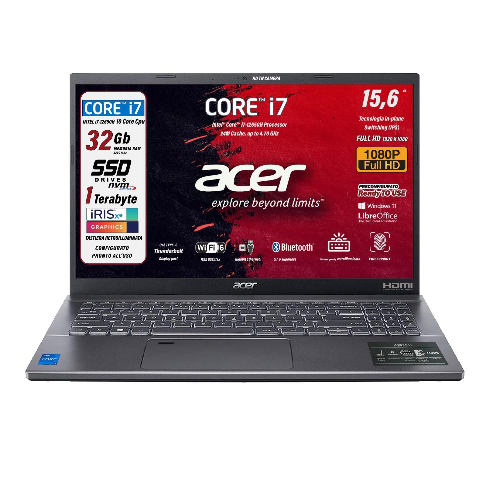 Acer Notebook, Intel Core i7 12650H, 10Core fino a 4.7Ghz, RAM 32 Gb, SSD PCIe NVMe 1TB, 15.6" FullHD, Tastiera Retroilluminata, Fingerprint, Wi-Fi 6, LAN, HDMI, Win 11 - Pronto all'Uso