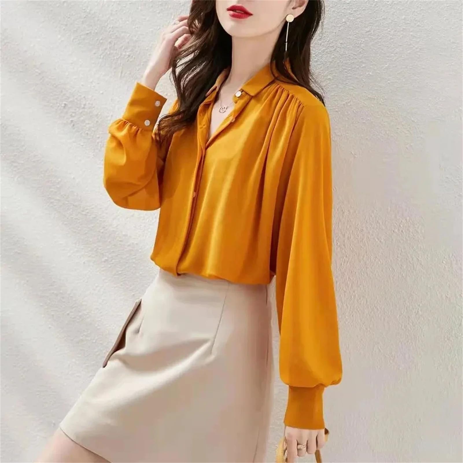 Vogrtcc Camisa de gasa para mujer, de manga larga, para oficina, holgada, con botones, de seda