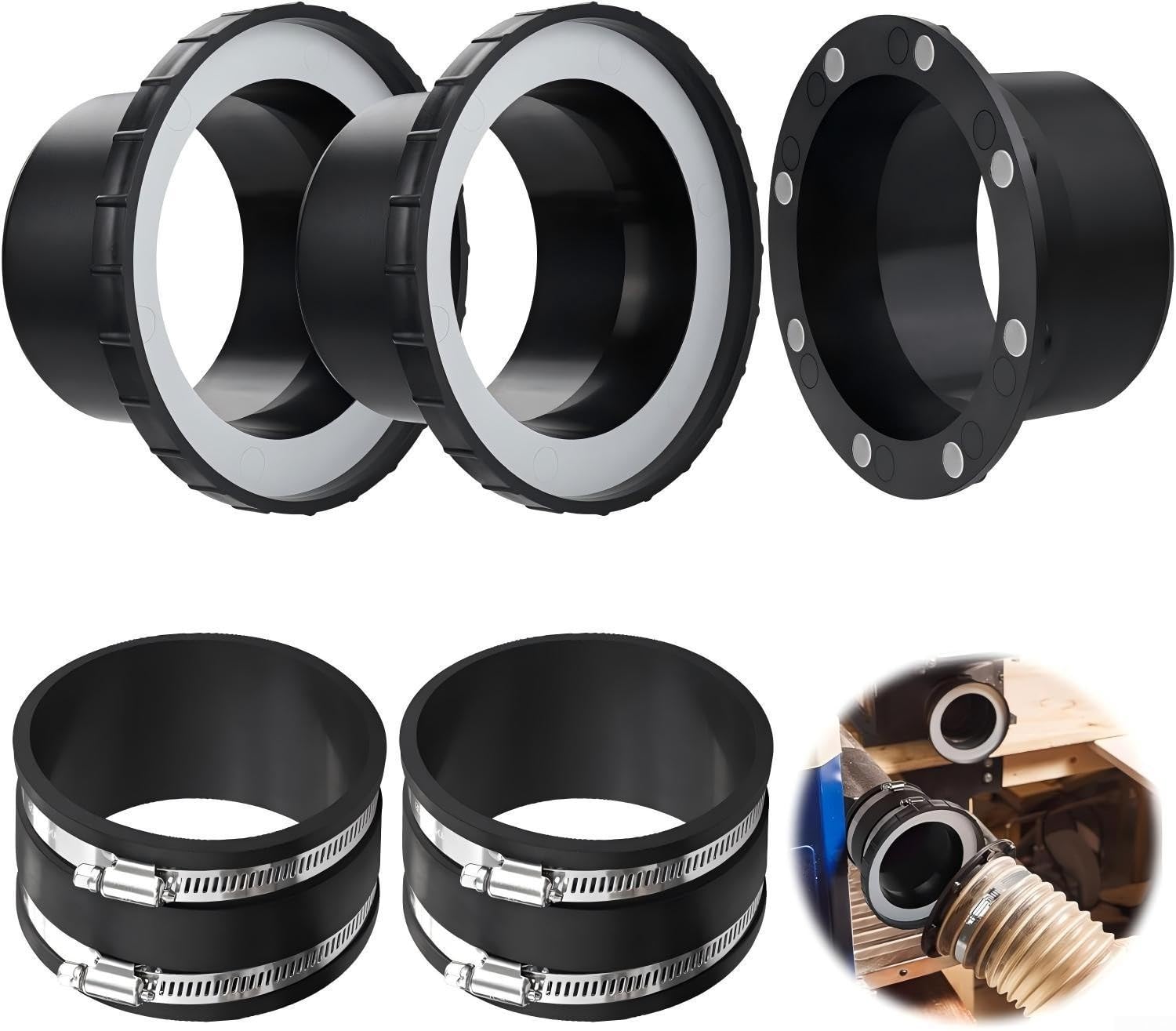 Magnetisches 10,2 cm Staubsammelschlauch-Anschluss-Set mit EPDM-Gummi-Stoßdämpfung, leise, flexible Kupplung für Holzbearbeitung, Vakuumsysteme, 5-teiliges Set (5 Stück)