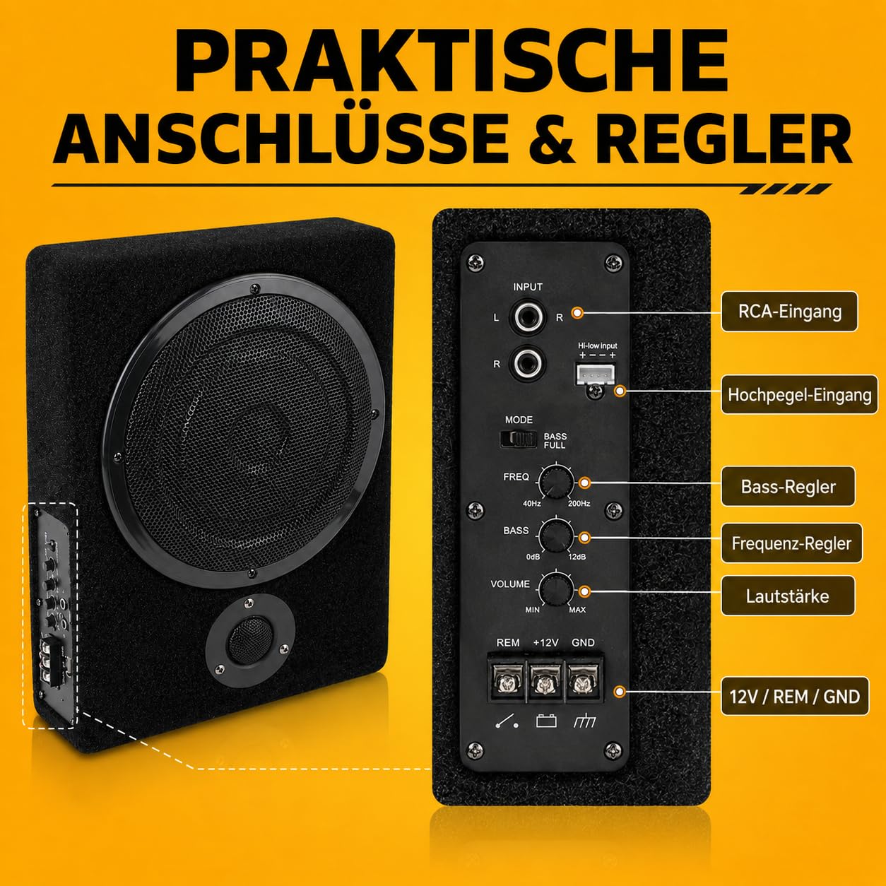 8" 12V 600W Auto Subwoofer Unter-Sitz Verstärker Lautsprecher Slim Box mit 200W RMS 4Ω Holzgehäuse für 12V Fahrzeuge Bass Lautsprecher mit Lautstärkeregler Kabel-Set Montageset