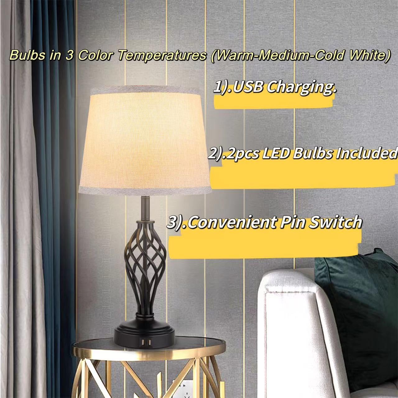 Ruiever Charging Table Lamps Set of 2, nightstand lamp with USB Ports Bedside Desk lamp for Living Room Bedroom,Black Spiral cage Base Design 3 Color Temperature LED Bulbs Included.