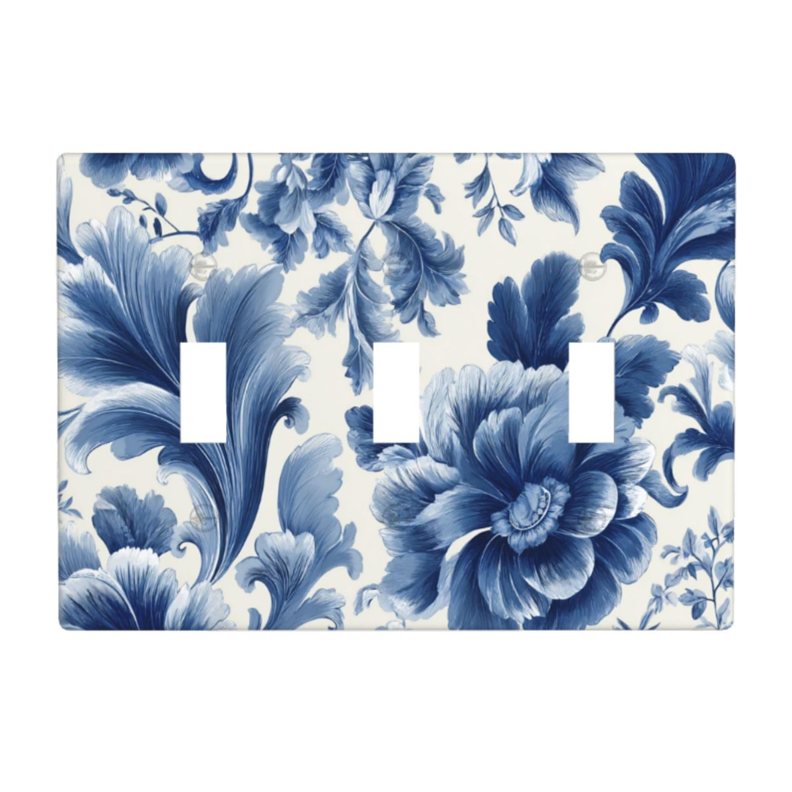 Blue Porcelain Botanical Flowers Curling Leaves Light Switch Covers 3 Gang Triple Toggle Wall Plate Switchplate Electrical Faceplate for Bathroom Kitchen Bedroom Decor