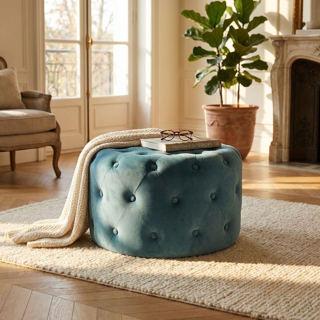 milani home - pouf rotondo, velluto, seduta poggiapiedi, verde, 67 x 67 x 41 cm