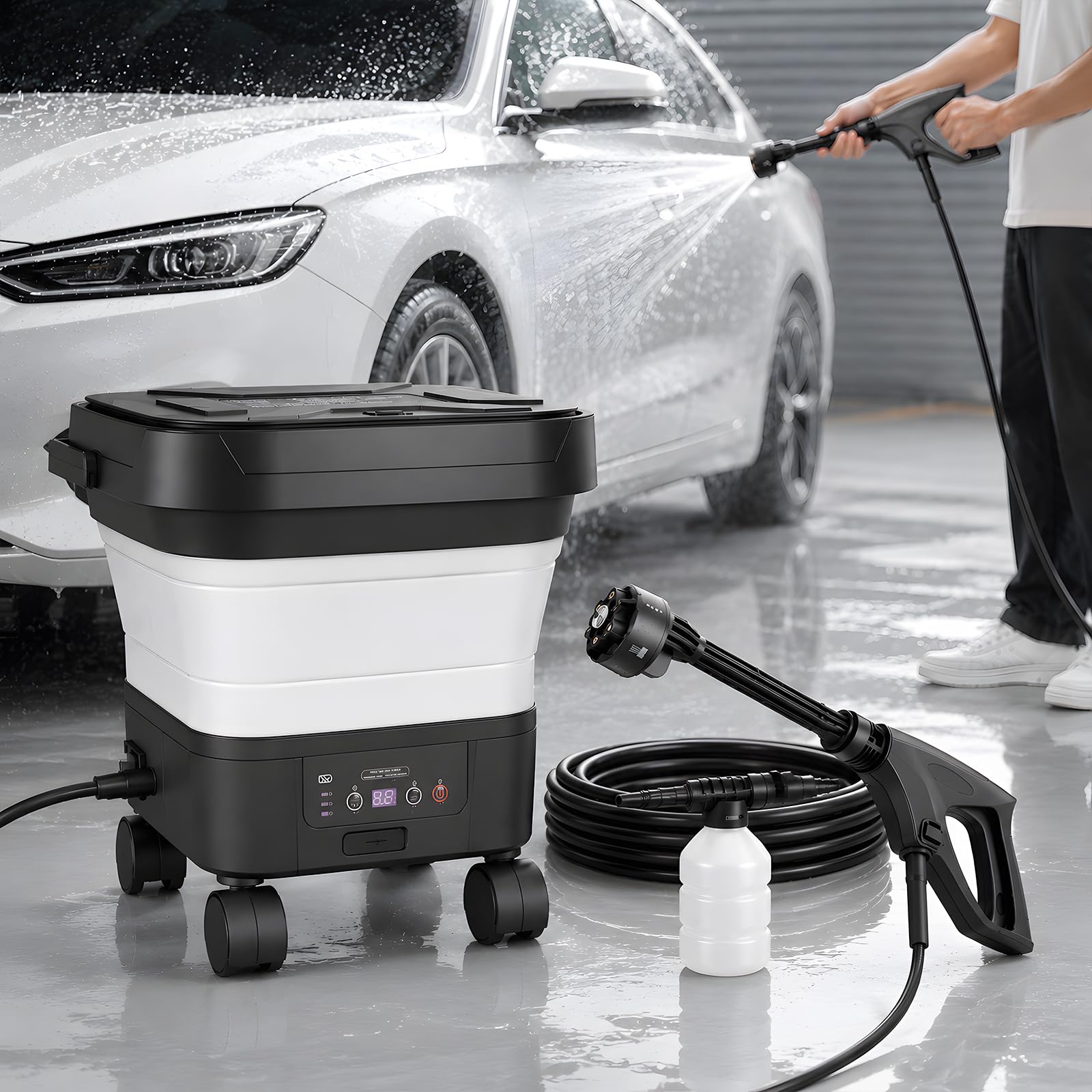Hochdruckreiniger mit 13L Wassertank, Mobiler Hochdruckreiniger mit 6-in-1-Düse & 5M Hochdruckwasserschlauch, Tragbarer Druckreiniger Kabelloser für Auto, Fahrrad, Terrasse, Camping