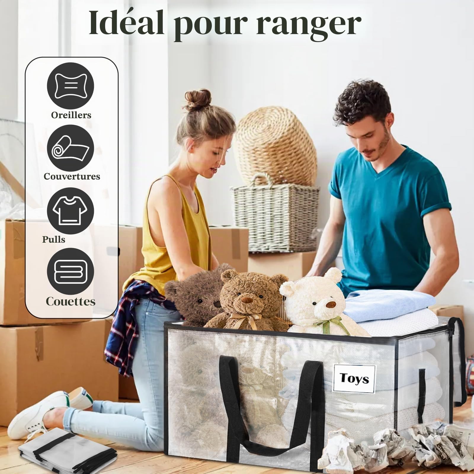 Withosent 100L Grand Sac de Rangement, Lot de 10 Imperméable Sacs de Déménagement avec Fermeture éclair et Poignée, Boite Vetement Couettes, Alternative aux Cartons Déménagement, Transparent